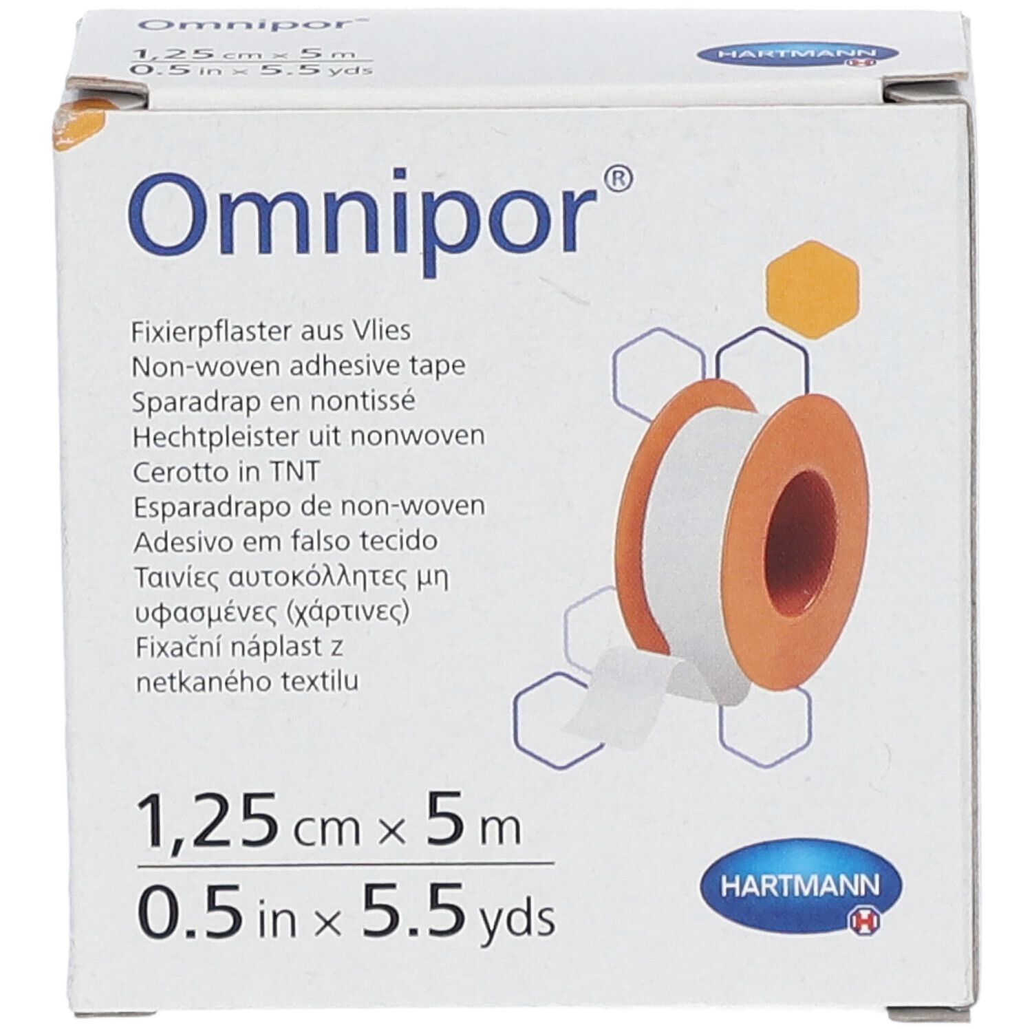 Boîte de pansement adhésif Omnipor®. Dimensions : 1,25 cm x 5 m. Logo Hartmann. Image du produit.