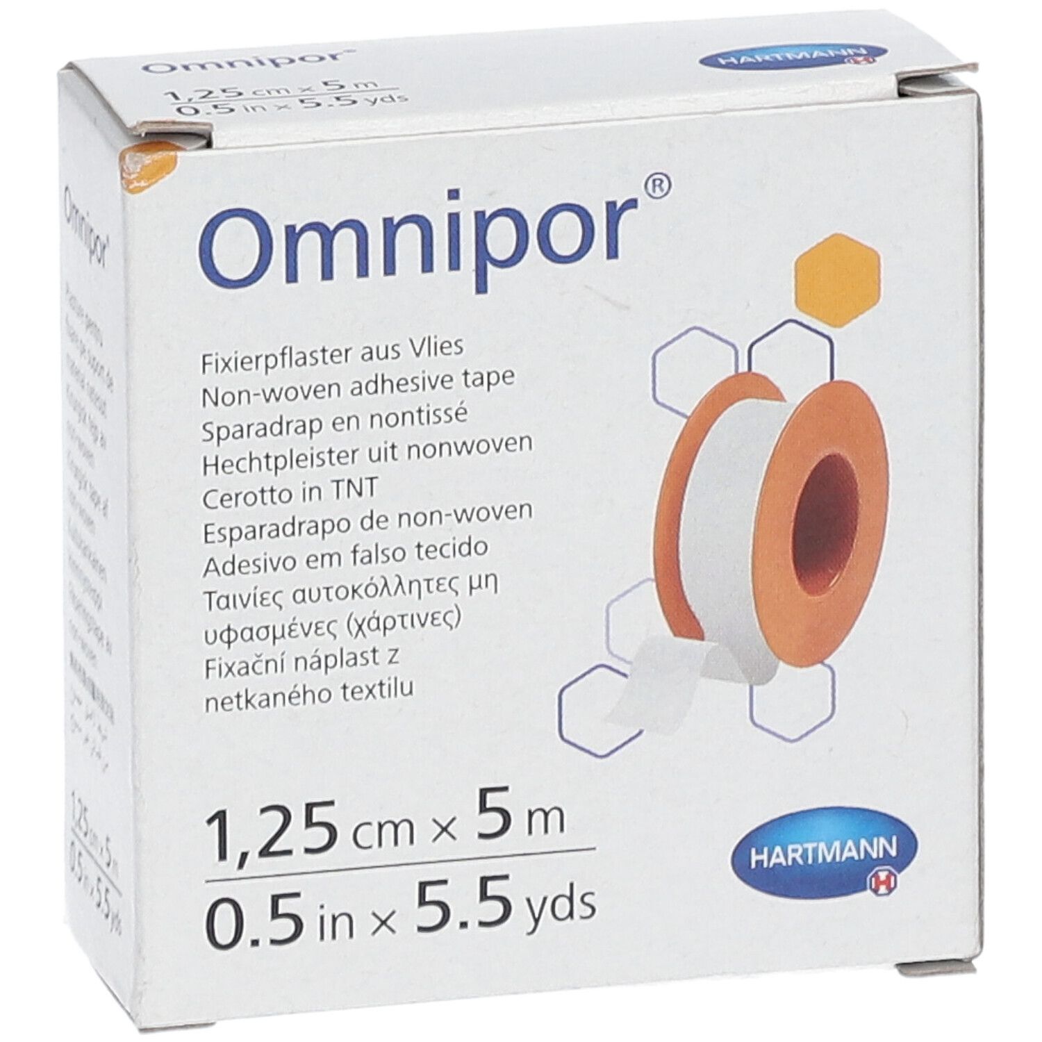 Boîte de pansement adhésif Omnipor®. Dimensions : 1,25 cm x 5 m. Logo Hartmann. Image du produit.