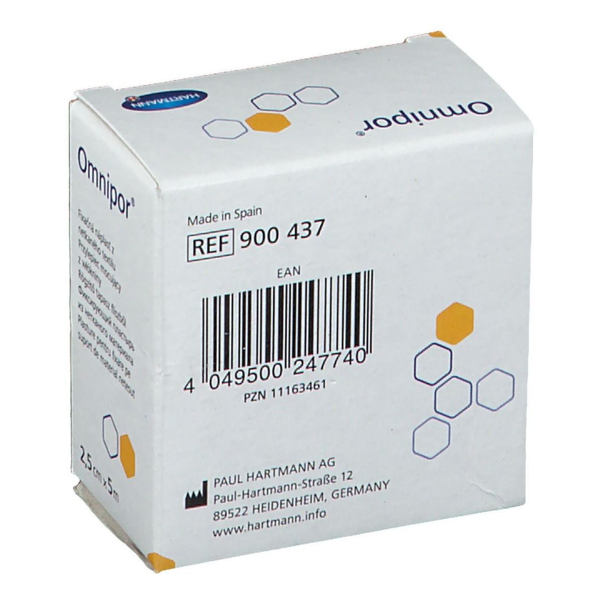 Dos de la boîte Omnipor. Contient un code-barres, la référence 900 437 et les informations du fabricant.
