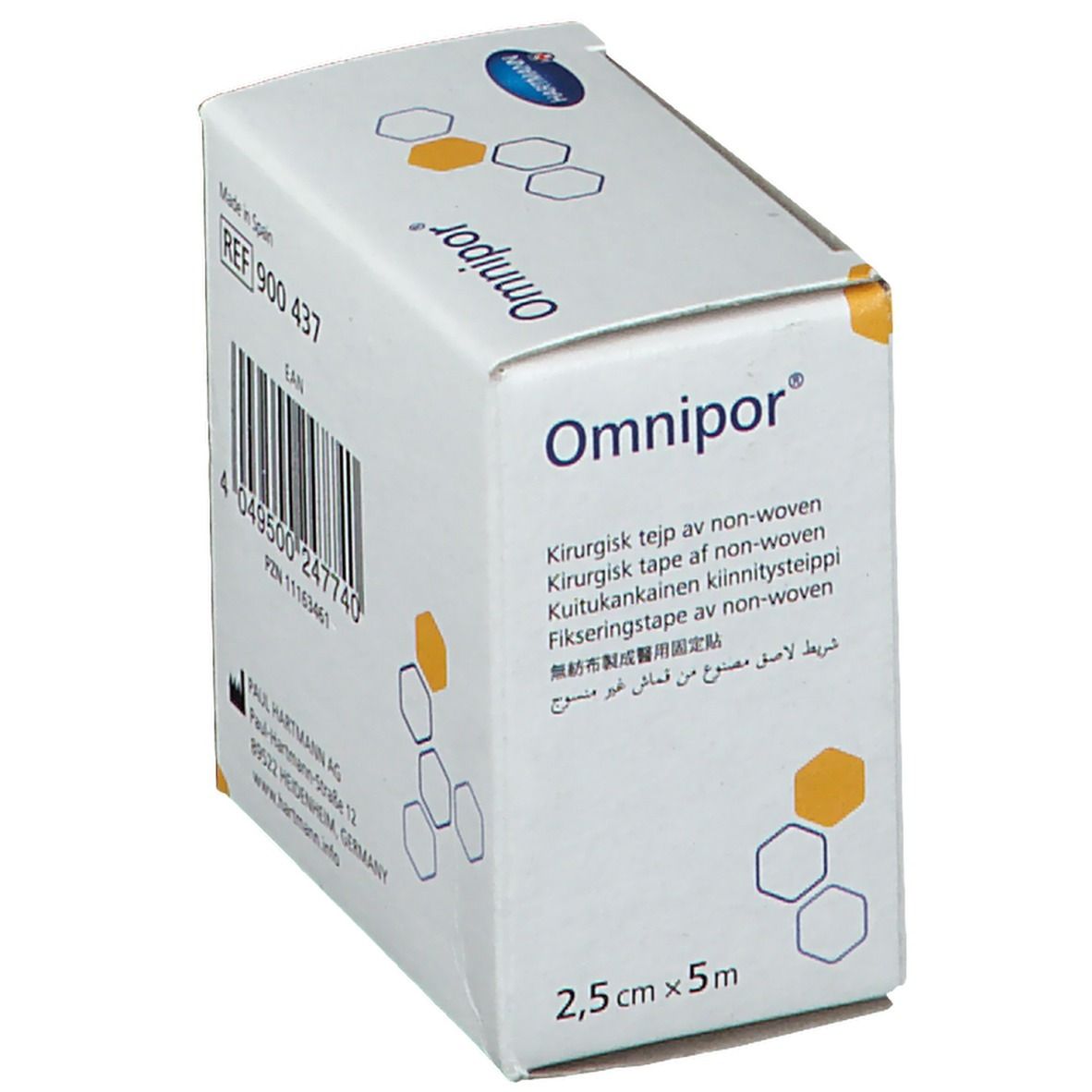 Dos de la boîte Omnipor. Contient un code-barres, la référence 900 437 et les informations du fabricant.