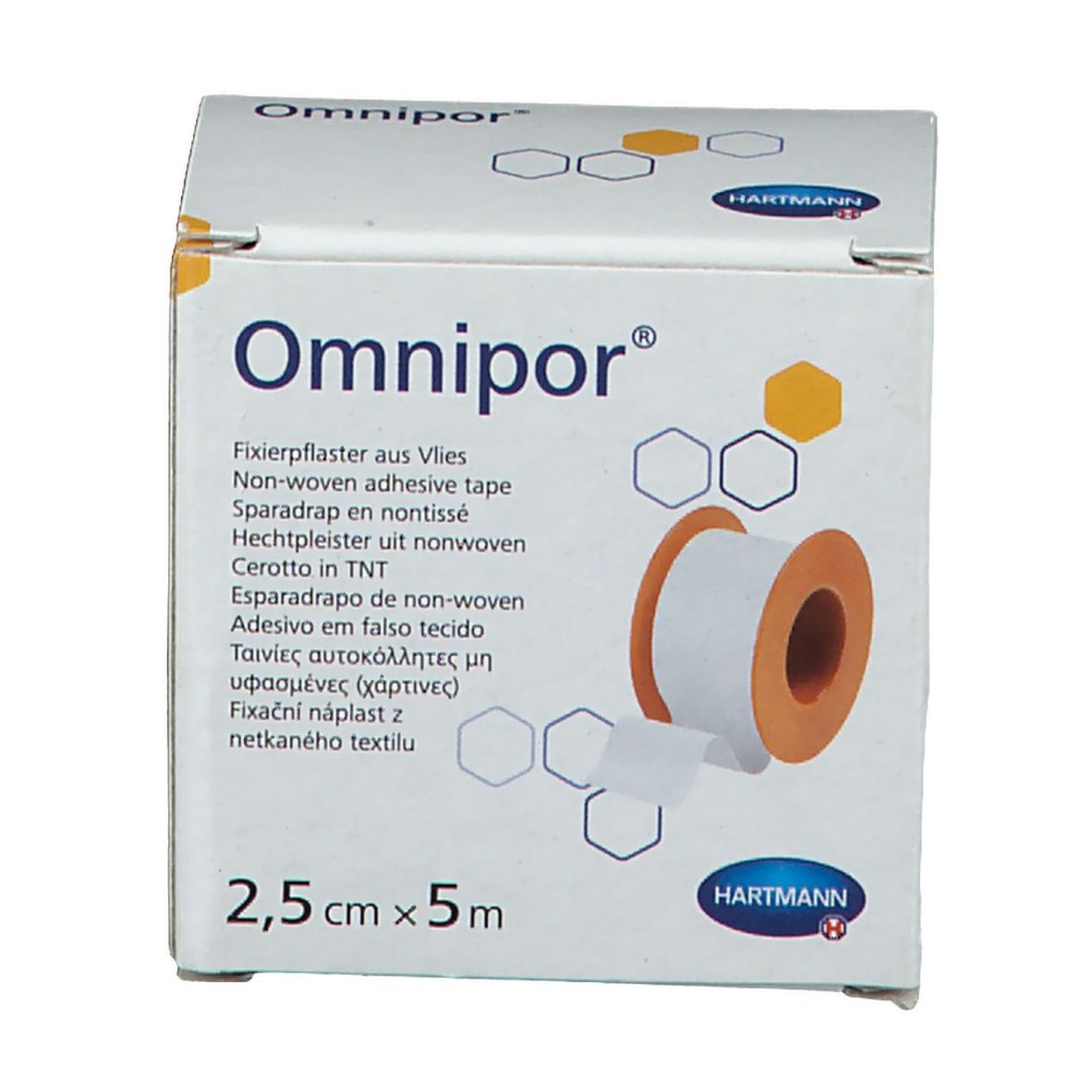 Boîte de sparadrap Omnipor. Contient un rouleau de sparadrap. Inscription : 2,5 cm x 5 m. Marque Hartmann.