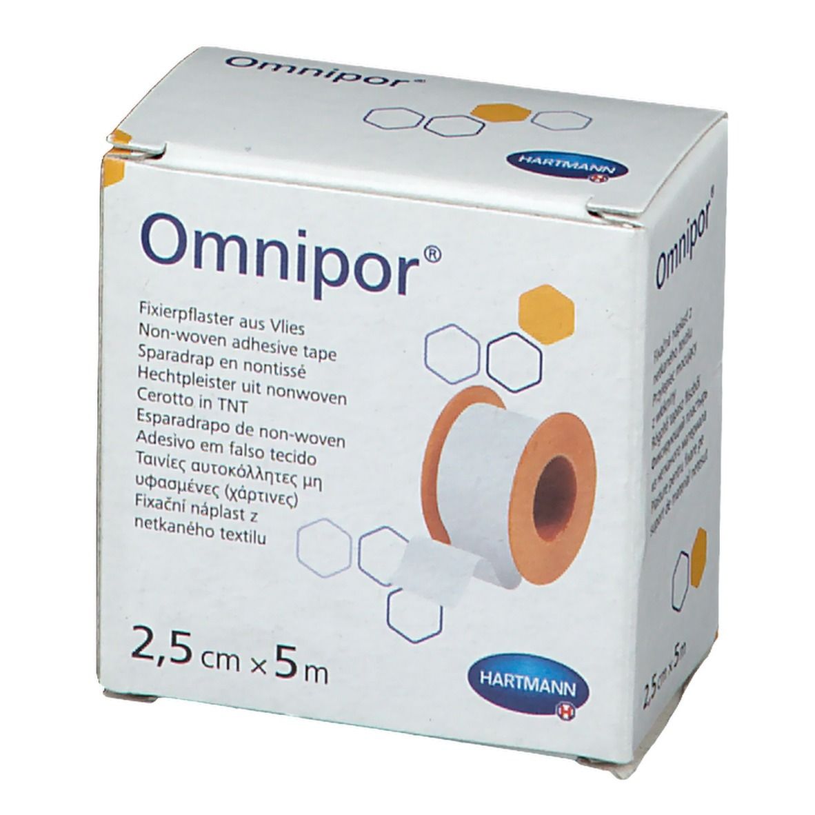 Boîte de sparadrap Omnipor. Contient un rouleau de sparadrap. Inscription : 2,5 cm x 5 m. Marque Hartmann.