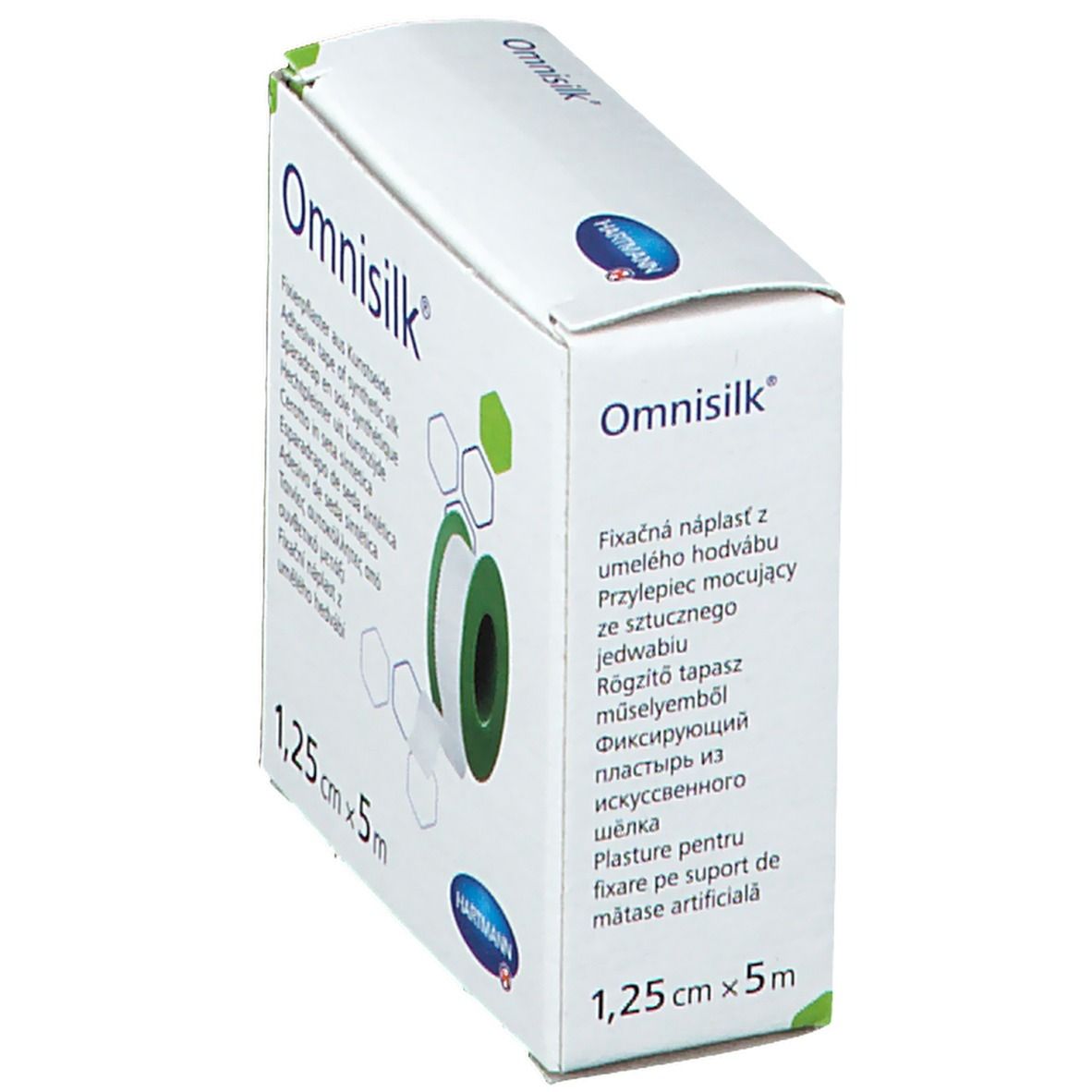 Emballage Omnisilk en biais. Ruban adhésif, 1,25 cm x 5 m. Nom du produit et dimensions visibles.
