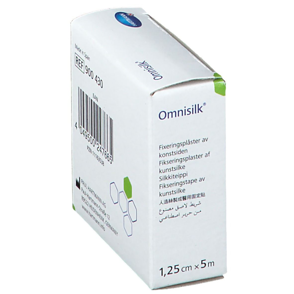 Emballage Omnisilk en biais. Code-barres, référence et informations fabricant. Nom et taille visibles.