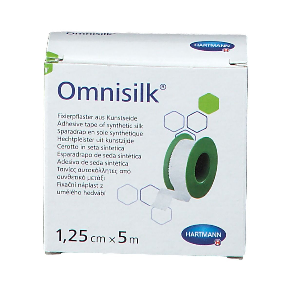 Emballage Omnisilk. Ruban adhésif, 1,25 cm x 5 m. Nom du produit et dimensions visibles.