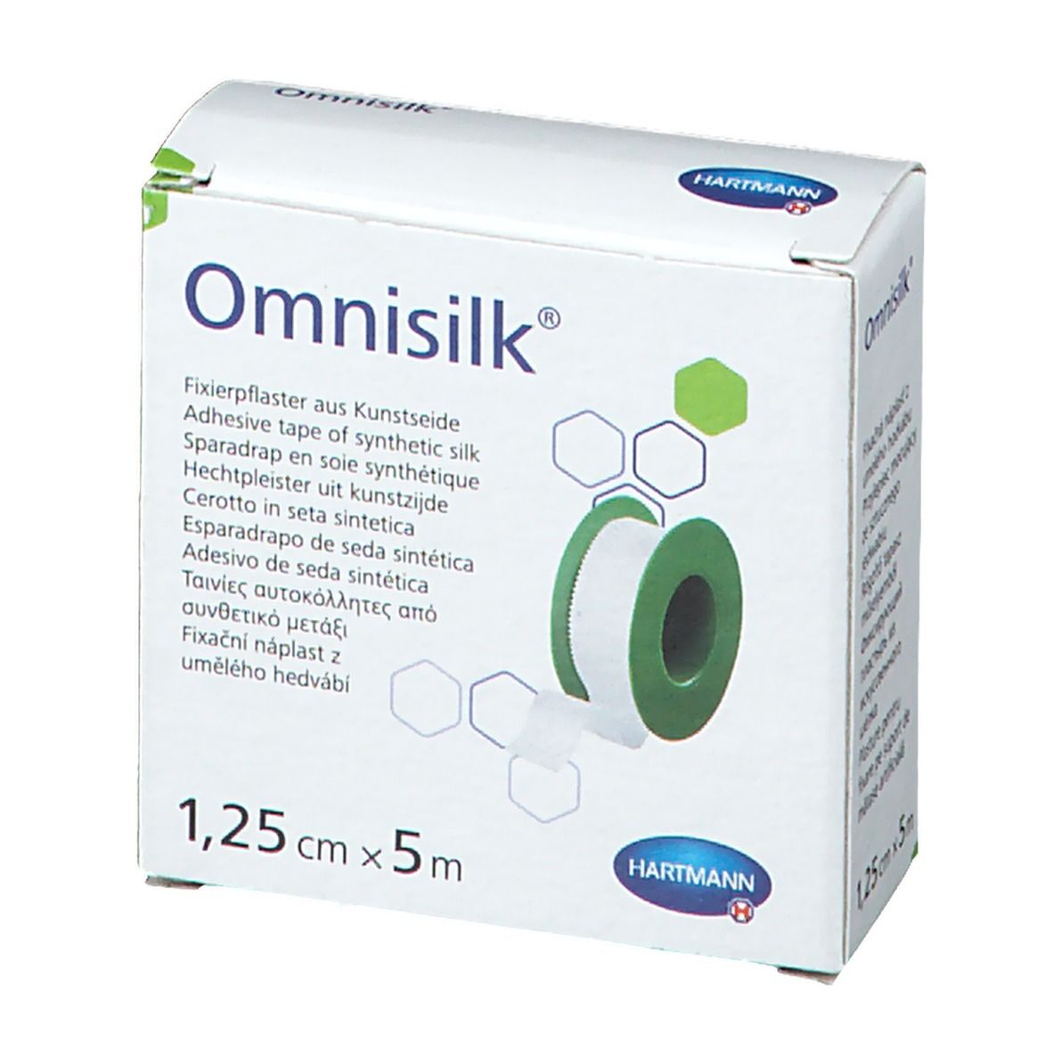 Emballage Omnisilk. Ruban adhésif, 1,25 cm x 5 m. Nom du produit et dimensions visibles.