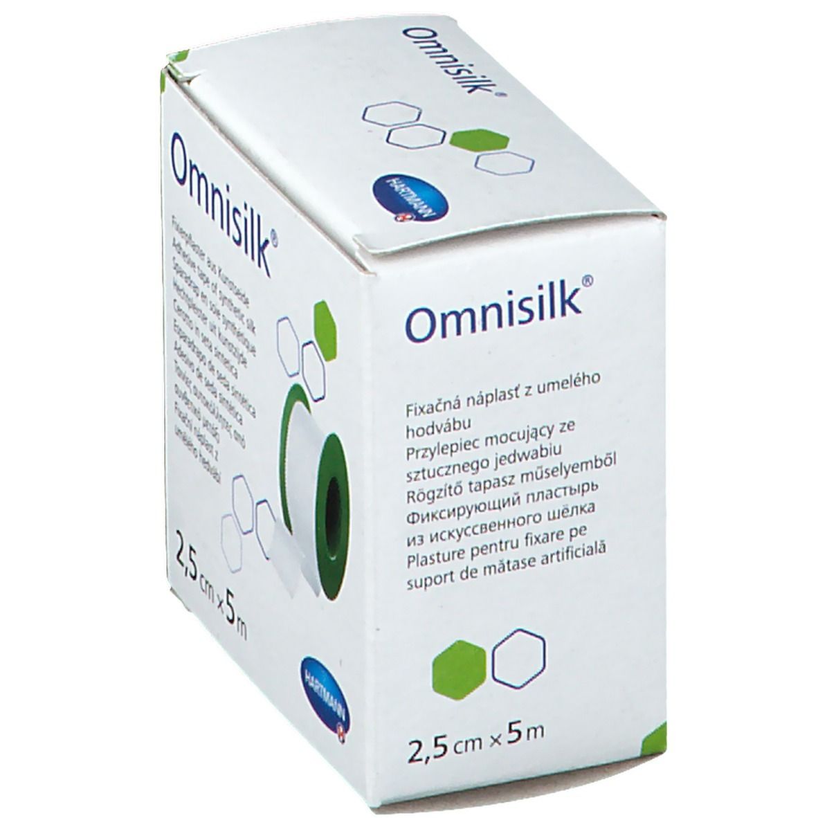 Boîte Omnisilk® avec ruban adhésif en soie synthétique. Dimensions : 2,5 cm x 5 m. Inscriptions multilingues. Logo Hartmann.