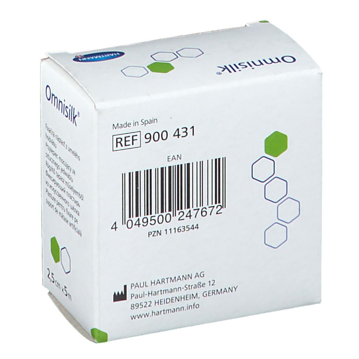 Dos de la boîte Omnisilk®. Code-barres, numéro REF, adresse du fabricant et logo Paul Hartmann AG.