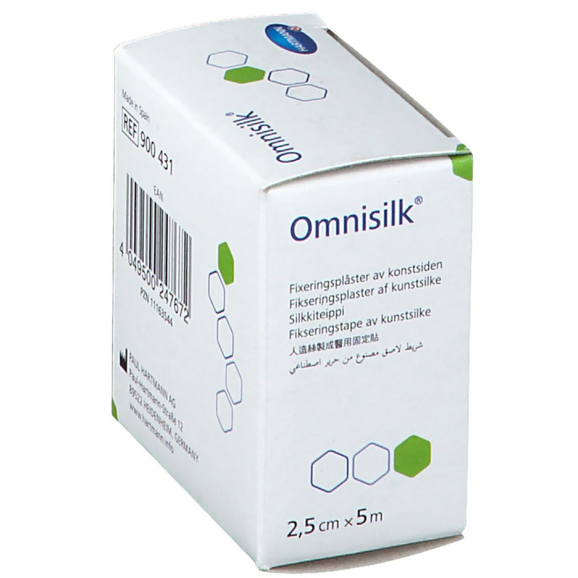 Boîte Omnisilk® avec ruban adhésif en soie synthétique. Inscriptions multilingues. Dimensions : 2,5 cm x 5 m.