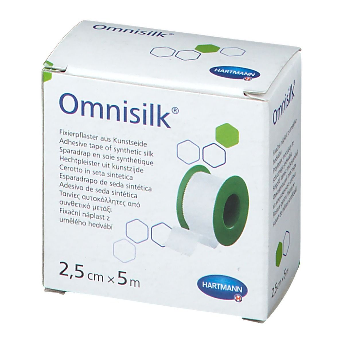 Boîte Omnisilk® avec ruban adhésif en soie synthétique. Rouleau de 2,5 cm x 5 m. Logo Hartmann.
