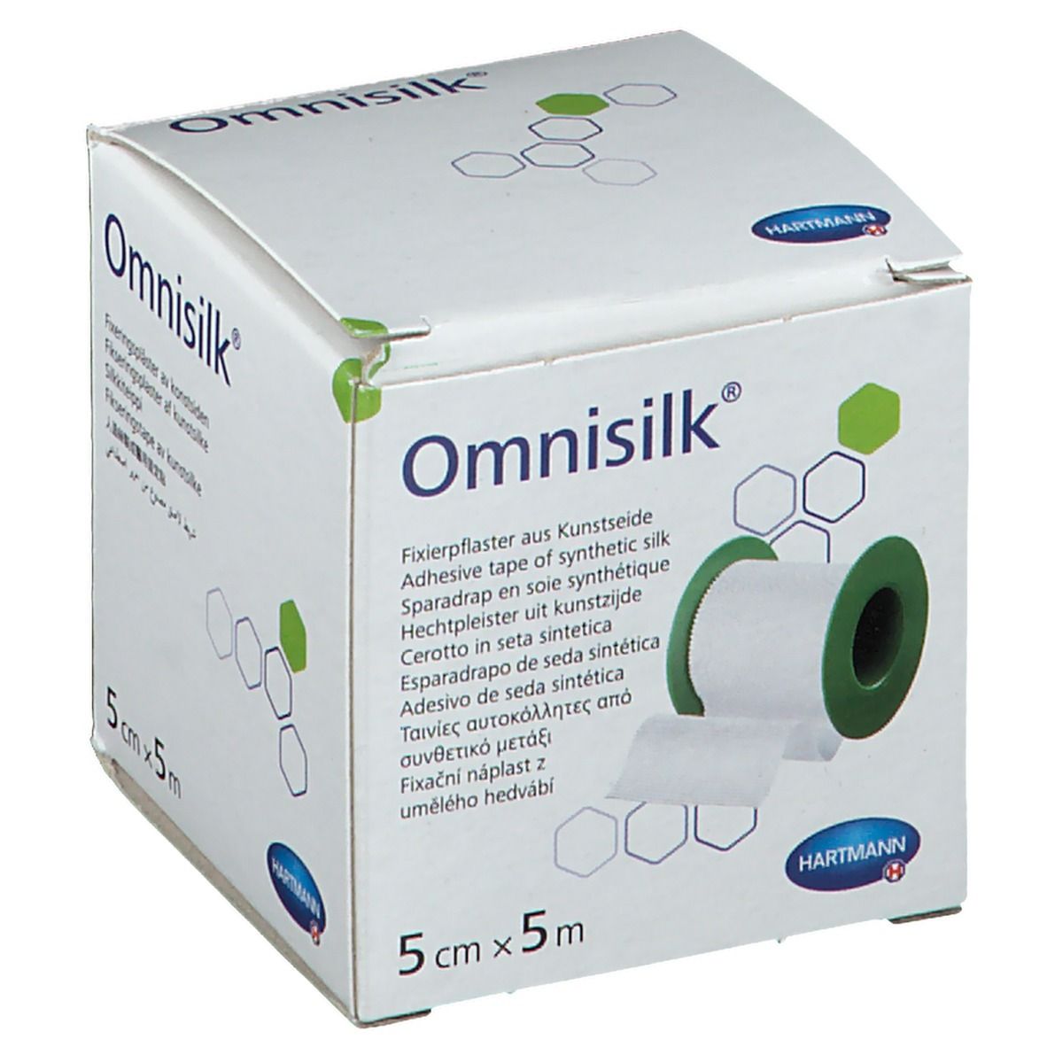 Pansement adhésif Omnisilk, 5cm x 5m, en boîte. Rouleau de ruban adhésif blanc, noyau vert. Logo Hartmann.