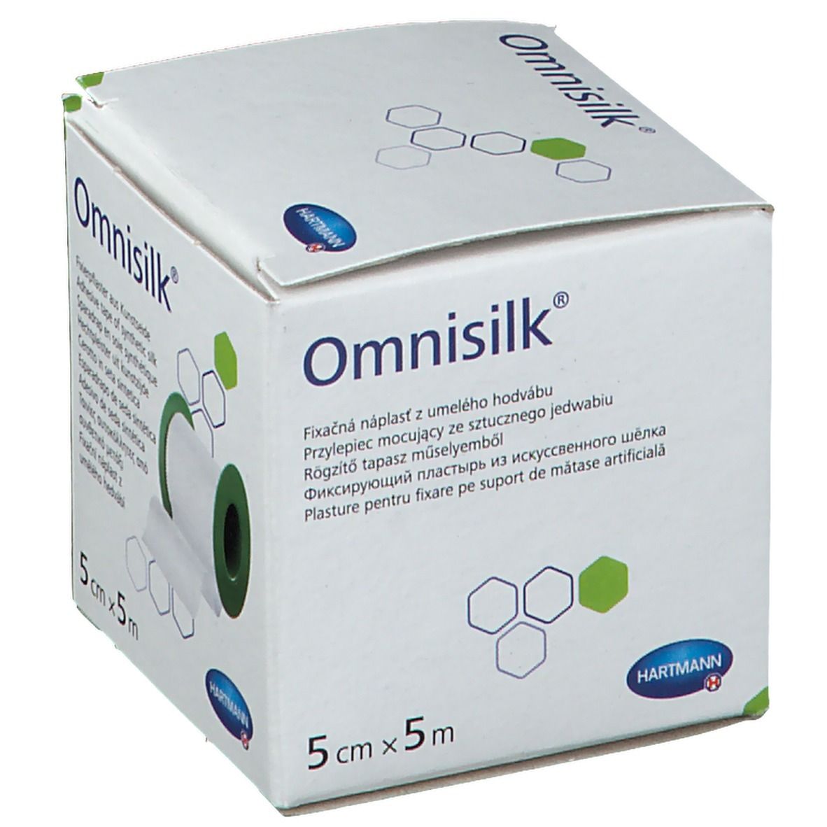 Pansement adhésif Omnisilk, 5cm x 5m, en boîte. Rouleau de ruban adhésif blanc, noyau vert. Logo Hartmann.