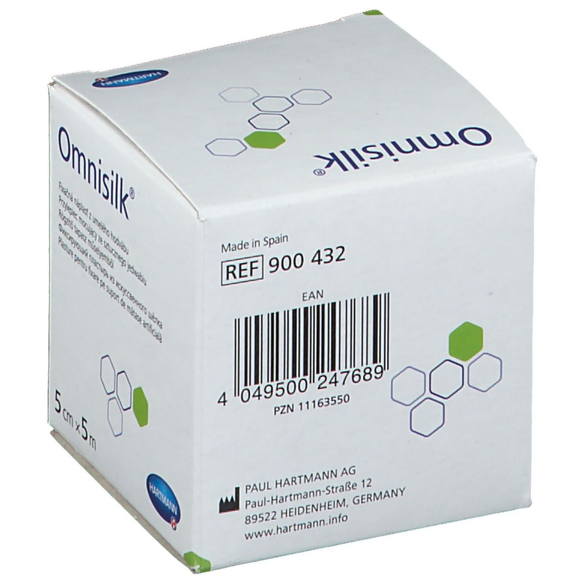 Boîte de pansement adhésif Omnisilk, 5cm x 5m. Code produit 900 432. Code-barres et informations fabricant. Logo Hartmann.