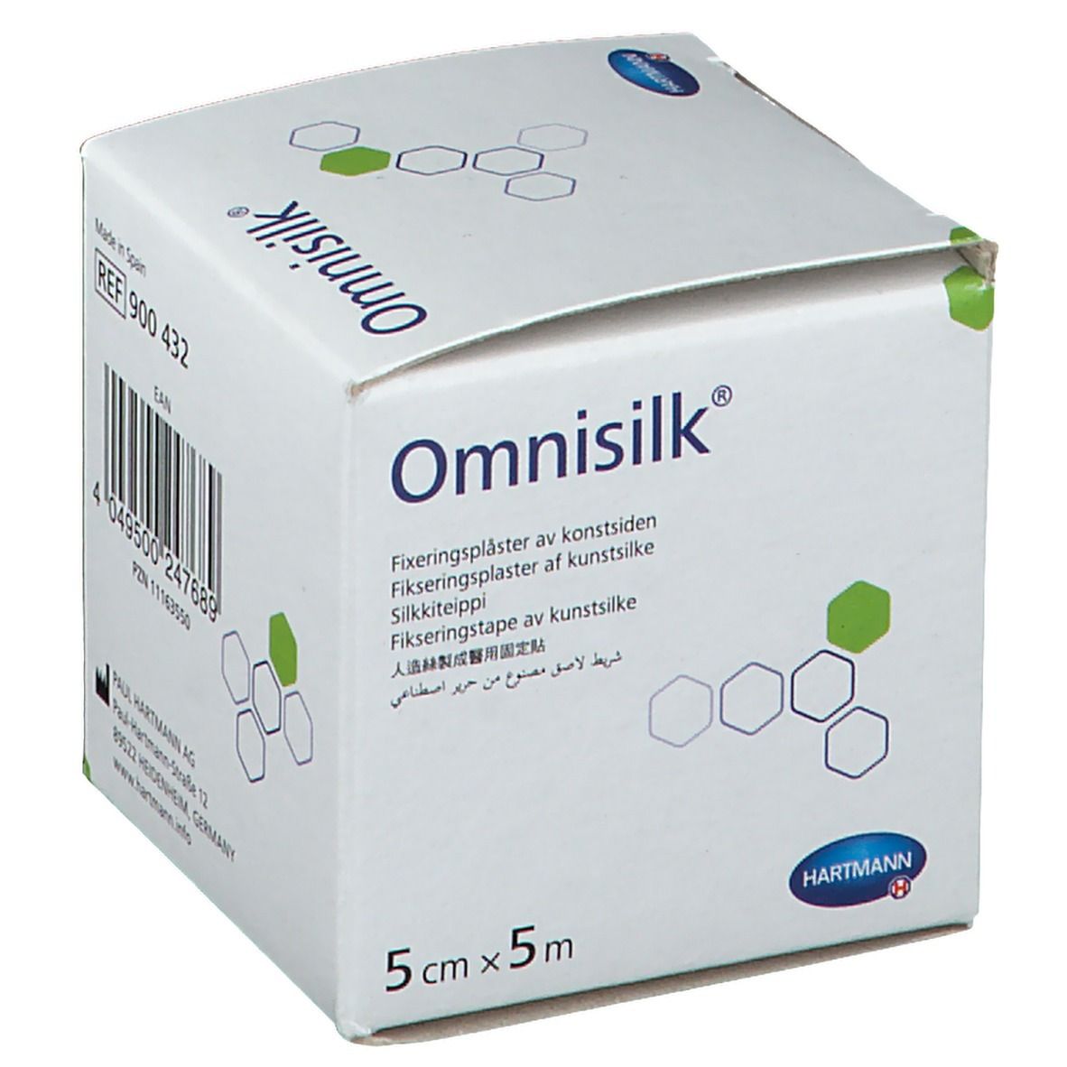 Pansement adhésif Omnisilk, 5cm x 5m, en boîte. Texte multilingue. Logo Hartmann.