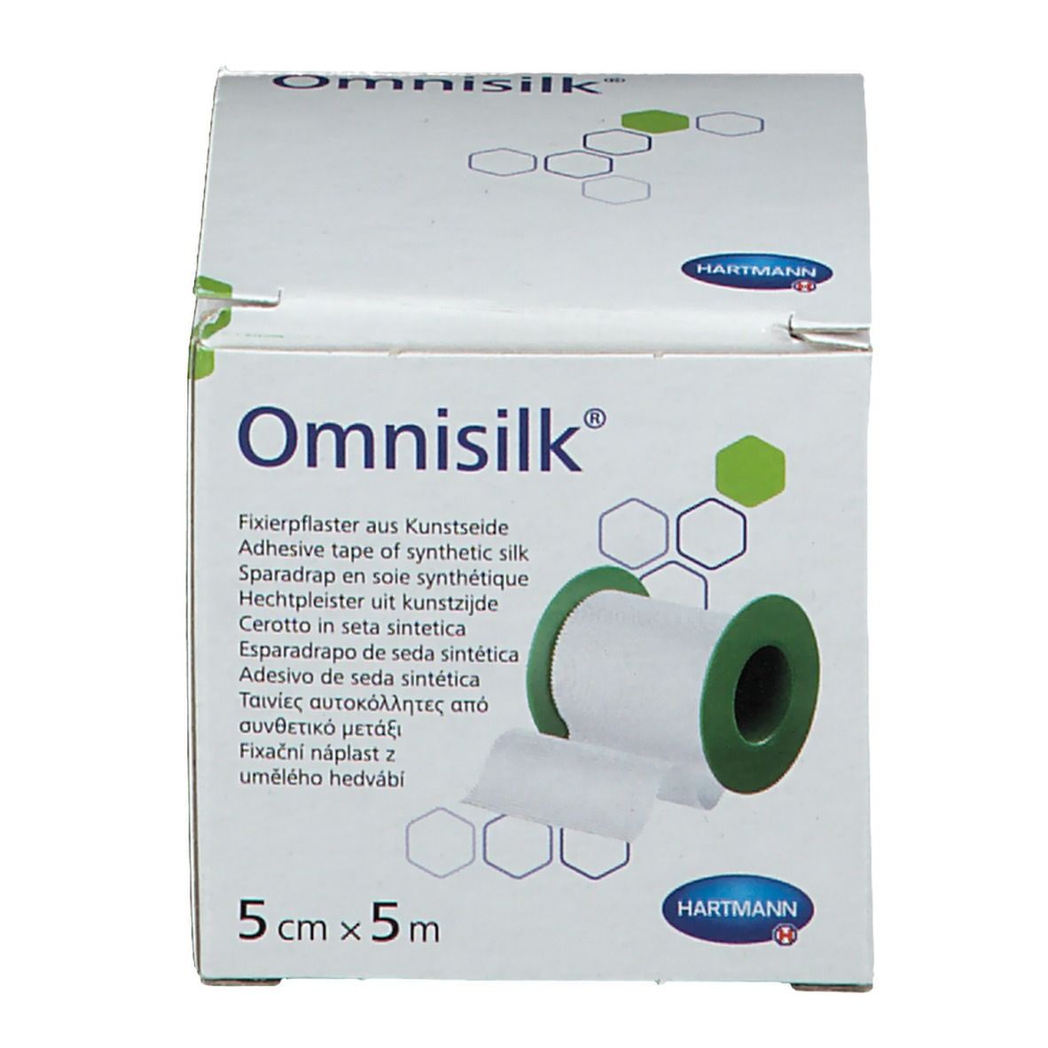Pansement adhésif Omnisilk, 5cm x 5m, en boîte. Rouleau de ruban adhésif blanc, noyau vert. Logo Hartmann.