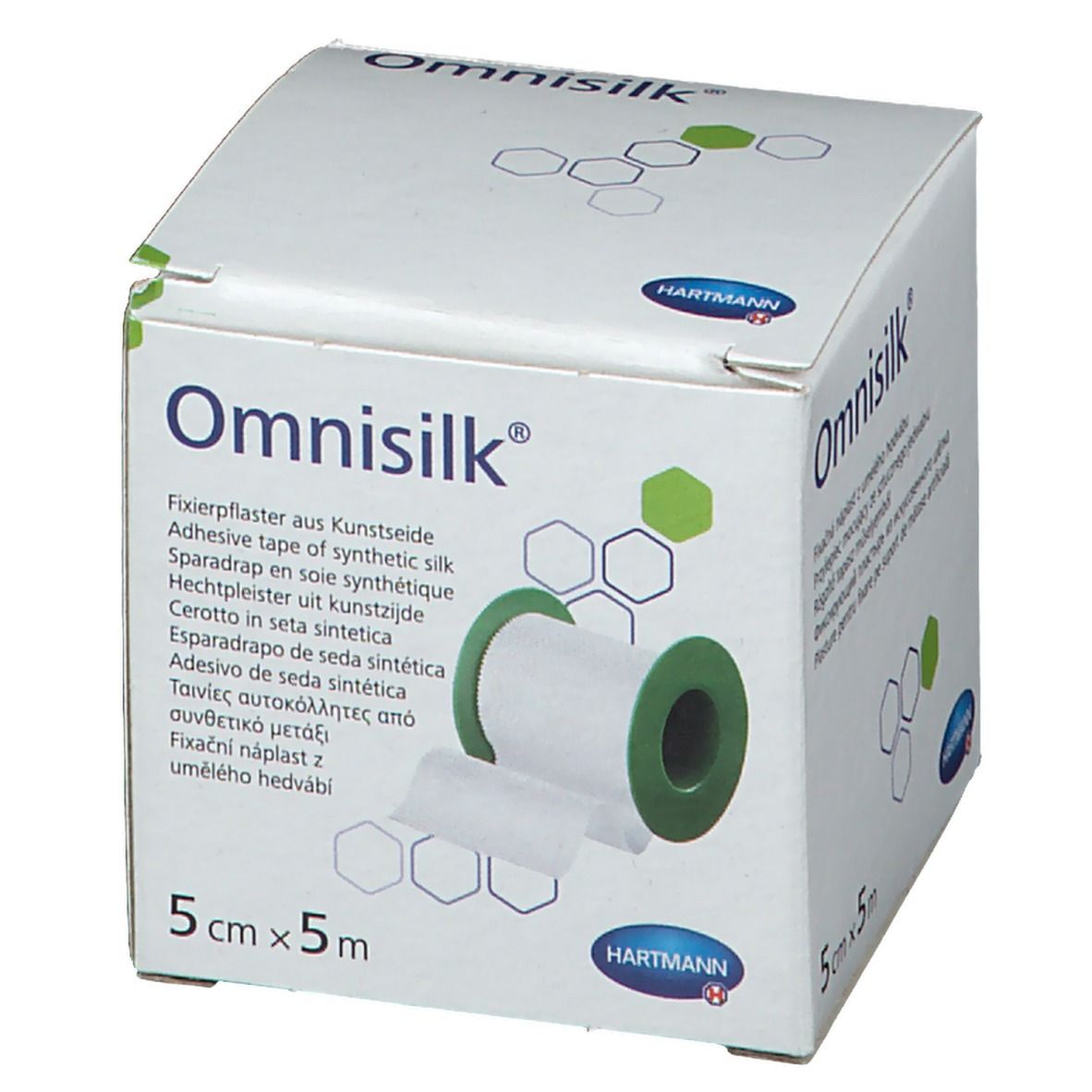 Pansement adhésif Omnisilk, 5cm x 5m, en boîte. Rouleau de ruban adhésif blanc, noyau vert. Logo Hartmann.