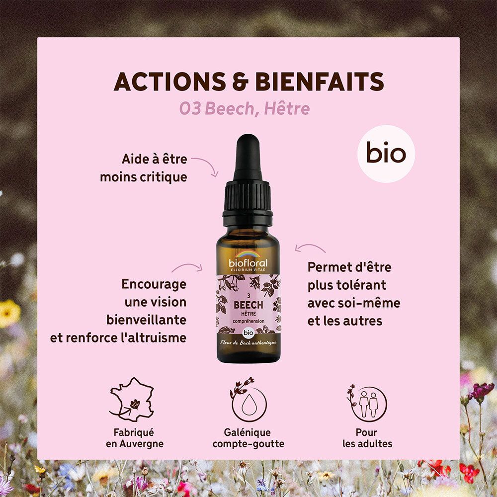 Graphique avec flacon et texte. Décrit les actions et les bienfaits. Certification BIO. Fabriqué en Auvergne.