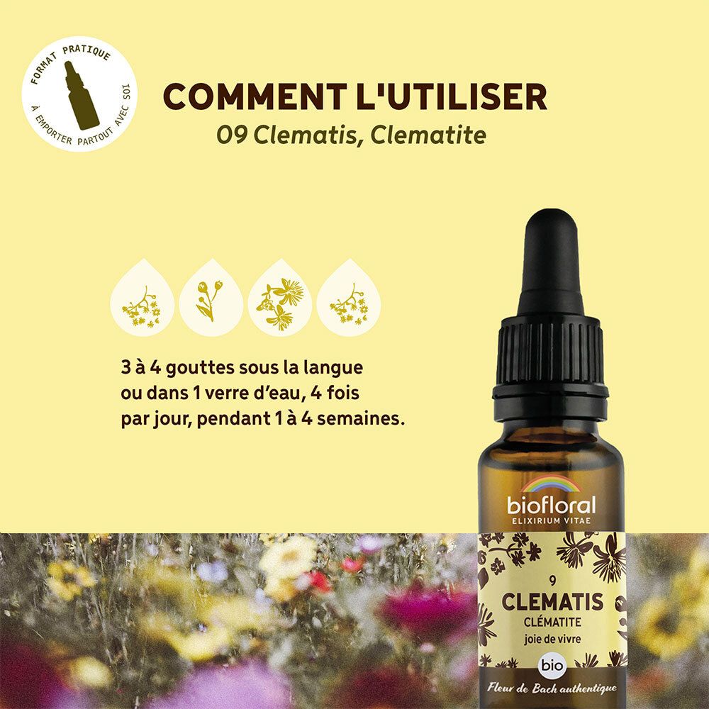Fond jaune avec flacon de produit. Texte : Comment l'utiliser, 09 Clématis, 3-4 gouttes sous la langue.