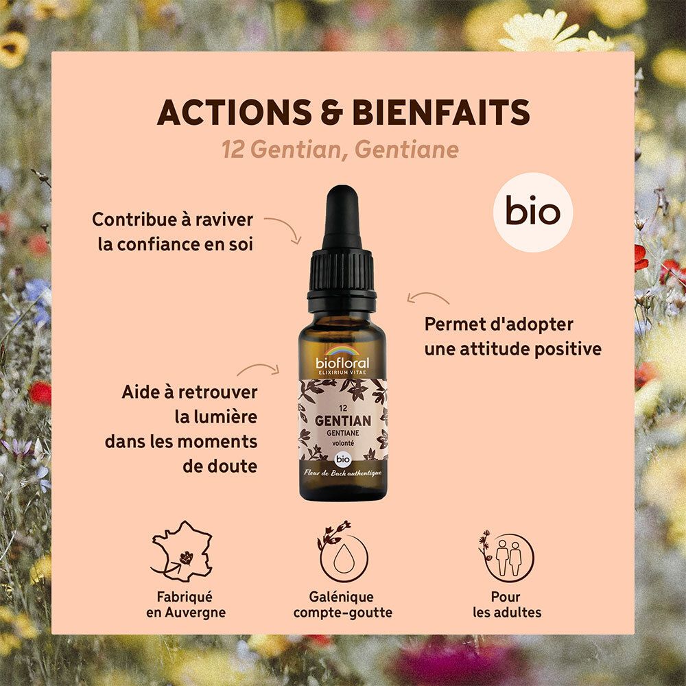 Flacon de produit avec texte: BIOFLORAL 12 Gentian. Texte sur les actions et les bienfaits. Certification bio. Fabriqué en Auvergne.