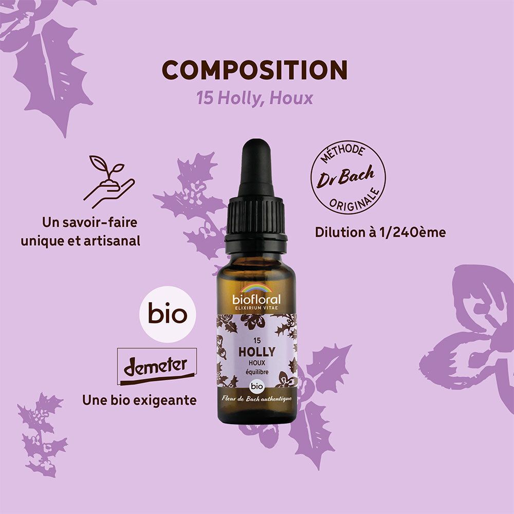 Graphique avec flacon et texte. Décrit la composition. Label bio et logo Demeter.