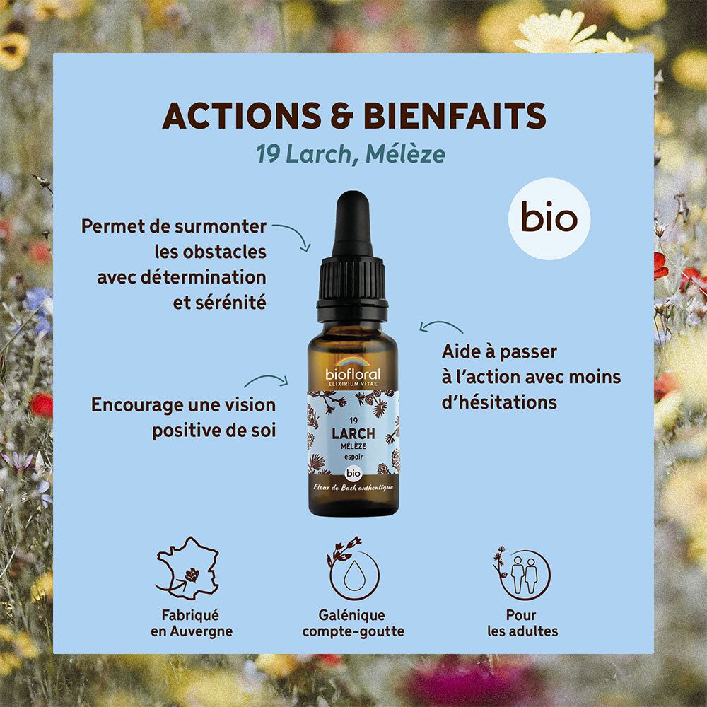 Flacon avec compte-gouttes. Texte : Actions & Bienfaits. Certification BIO. Texte en français. Fond floral.
