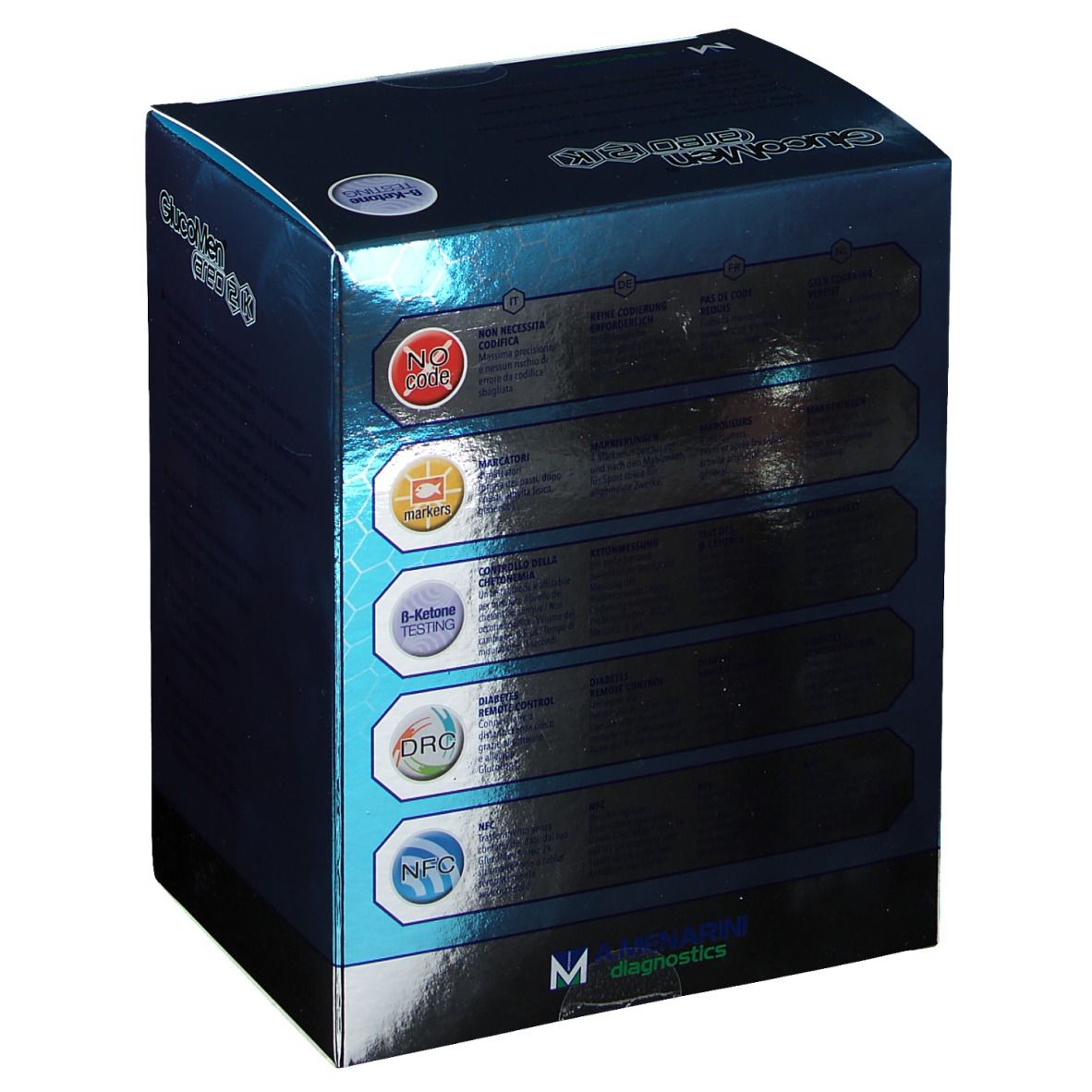 Boîte de GlucoMen Areo 2K. Icônes et texte sur le côté. Logo A. Menarini Diagnostics en bas.