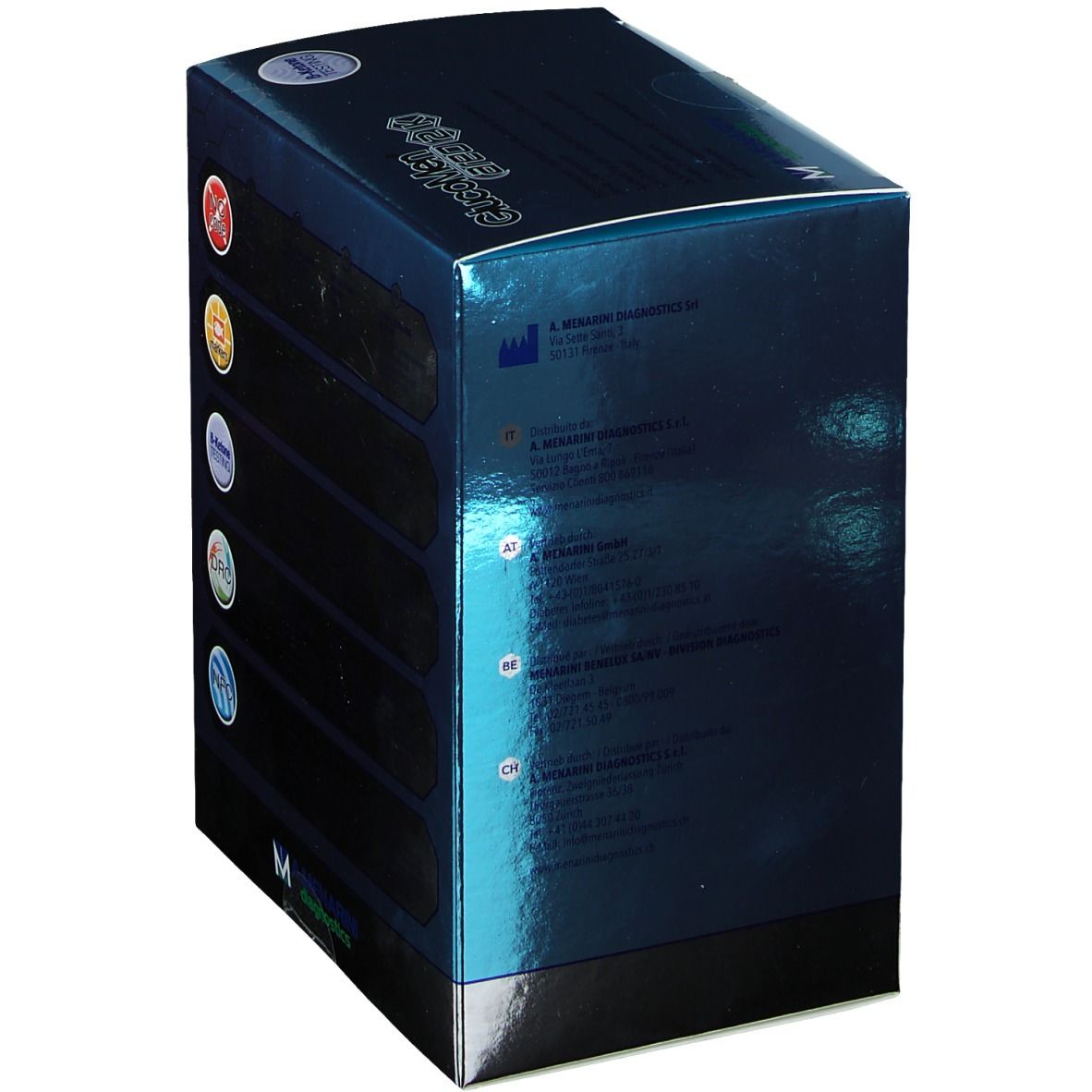 Boîte de GlucoMen Areo 2K. Icônes et texte sur le côté. Logo A. Menarini Diagnostics en bas.