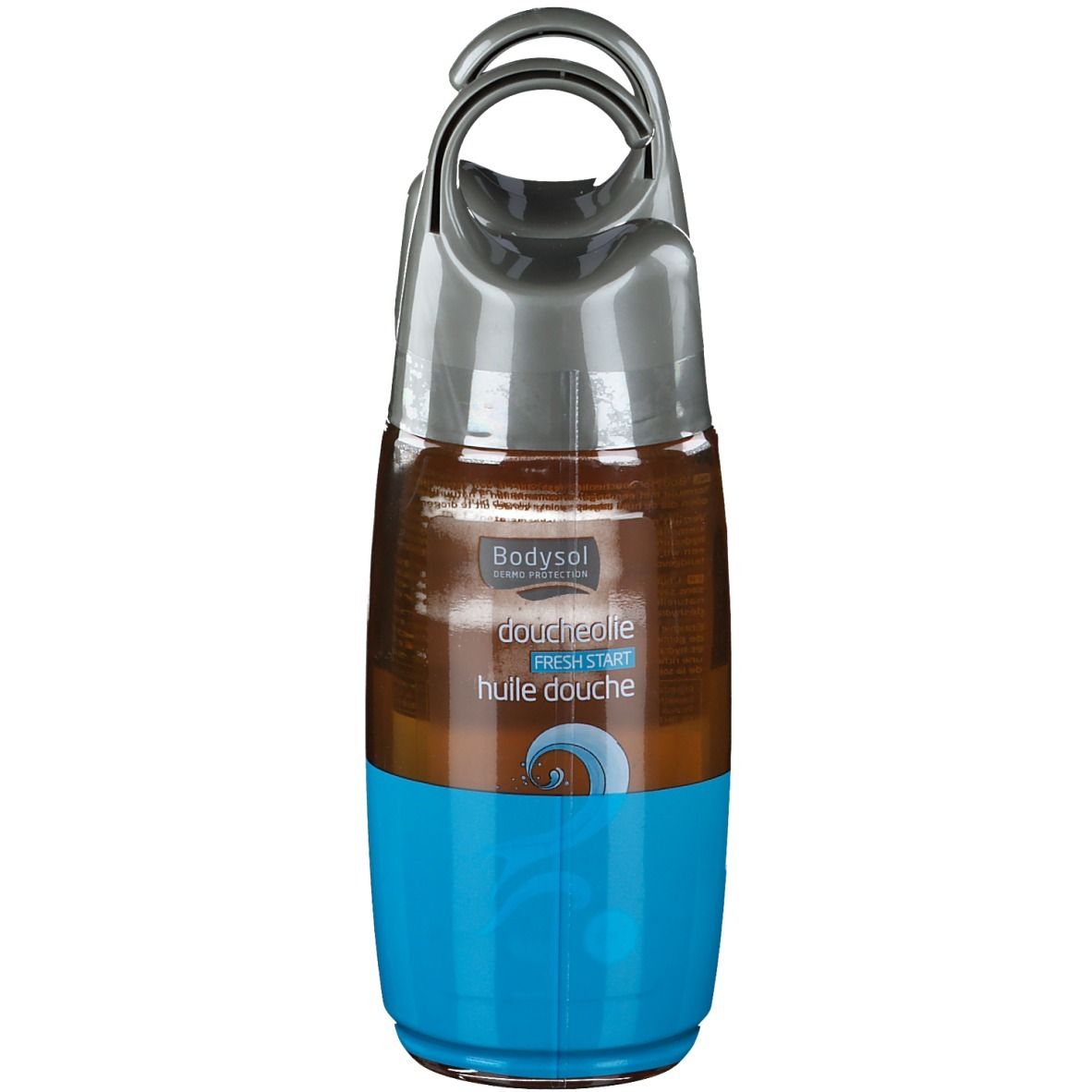 Flacon d'huile de douche avec bouchon gris et étiquette bleue. Texte : Bodysol, Fresh Start, huile douche.