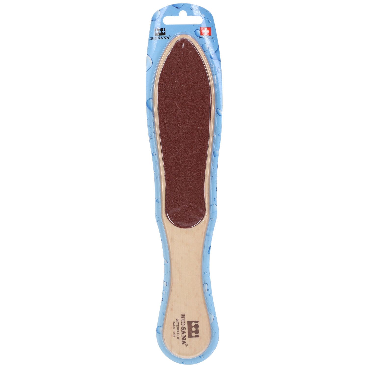 Lime à callosités en blister. Manche en bois, surface abrasive. Logo BIO-SANA®.