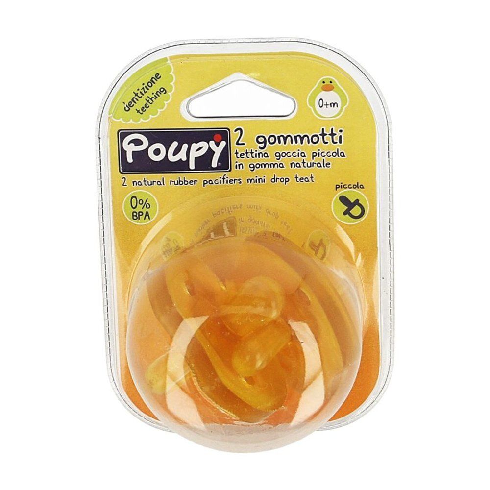 Emballage de deux sucettes. Design jaune avec le nom du produit Poupy. Texte: 2 gommot, 0% BPA, 0+m.