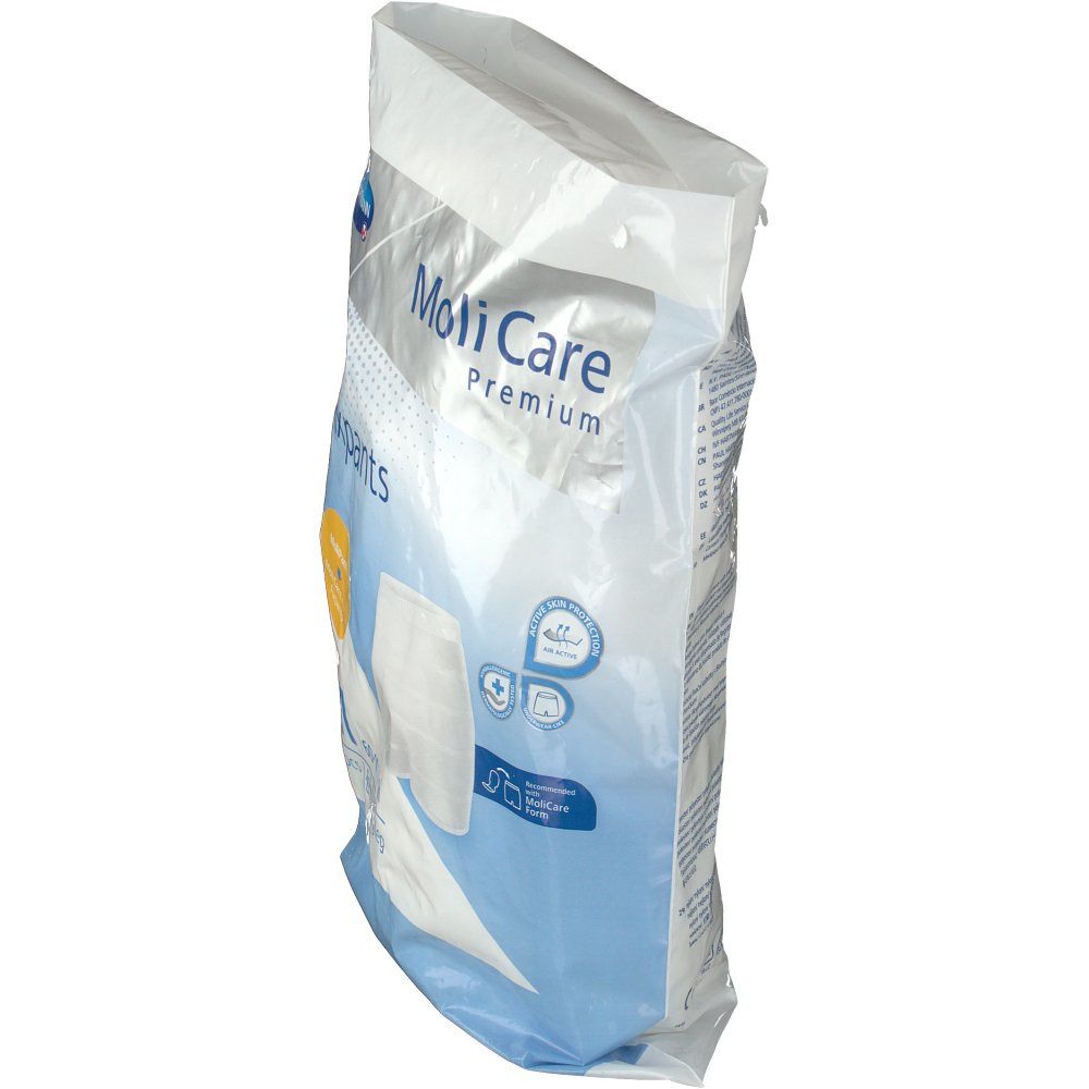 Emballage MoliCare Premium Fixpants, vue latérale. Nom du produit et logo visibles. Emballage transparent.