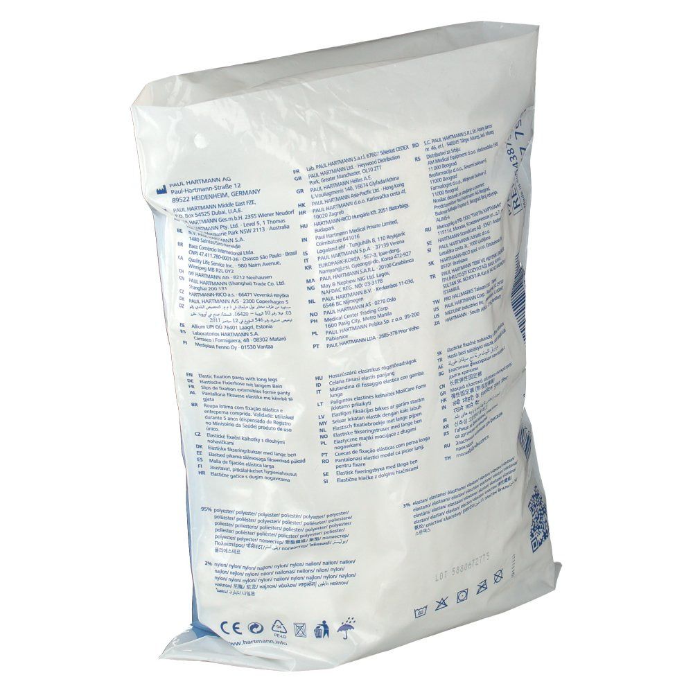 Dos de l'emballage MoliCare Premium Fixpants. Texte en plusieurs langues. Informations du fabricant.