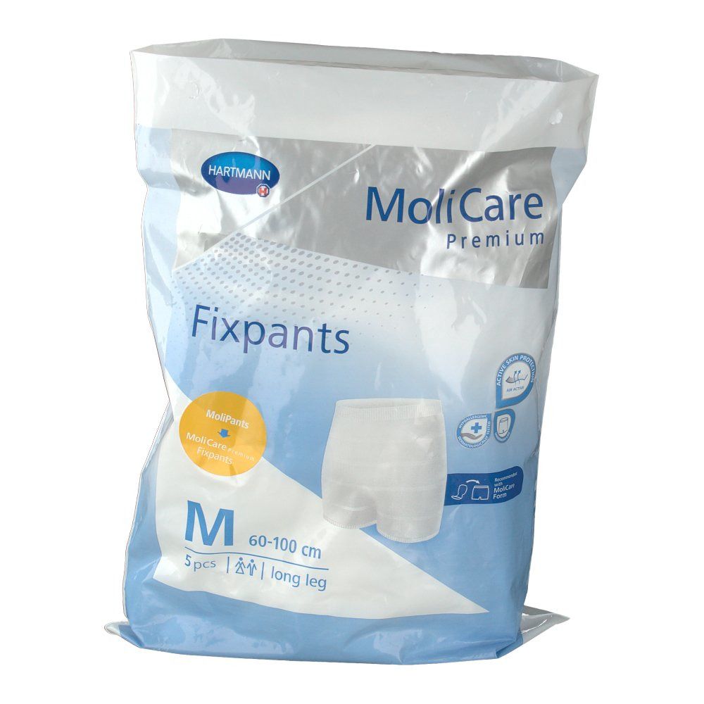 MoliCare Premium Fixpants, taille M, 5 pièces, jambes longues. Emballage avec illustration du produit et indications de taille.