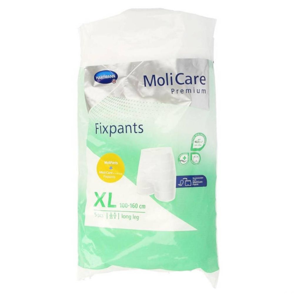 Paquet de MoliCare Fixpants, XL, long. Contient 5 pièces. Marque et nom du produit visibles. Emballage vert et blanc avec illustration du produit.