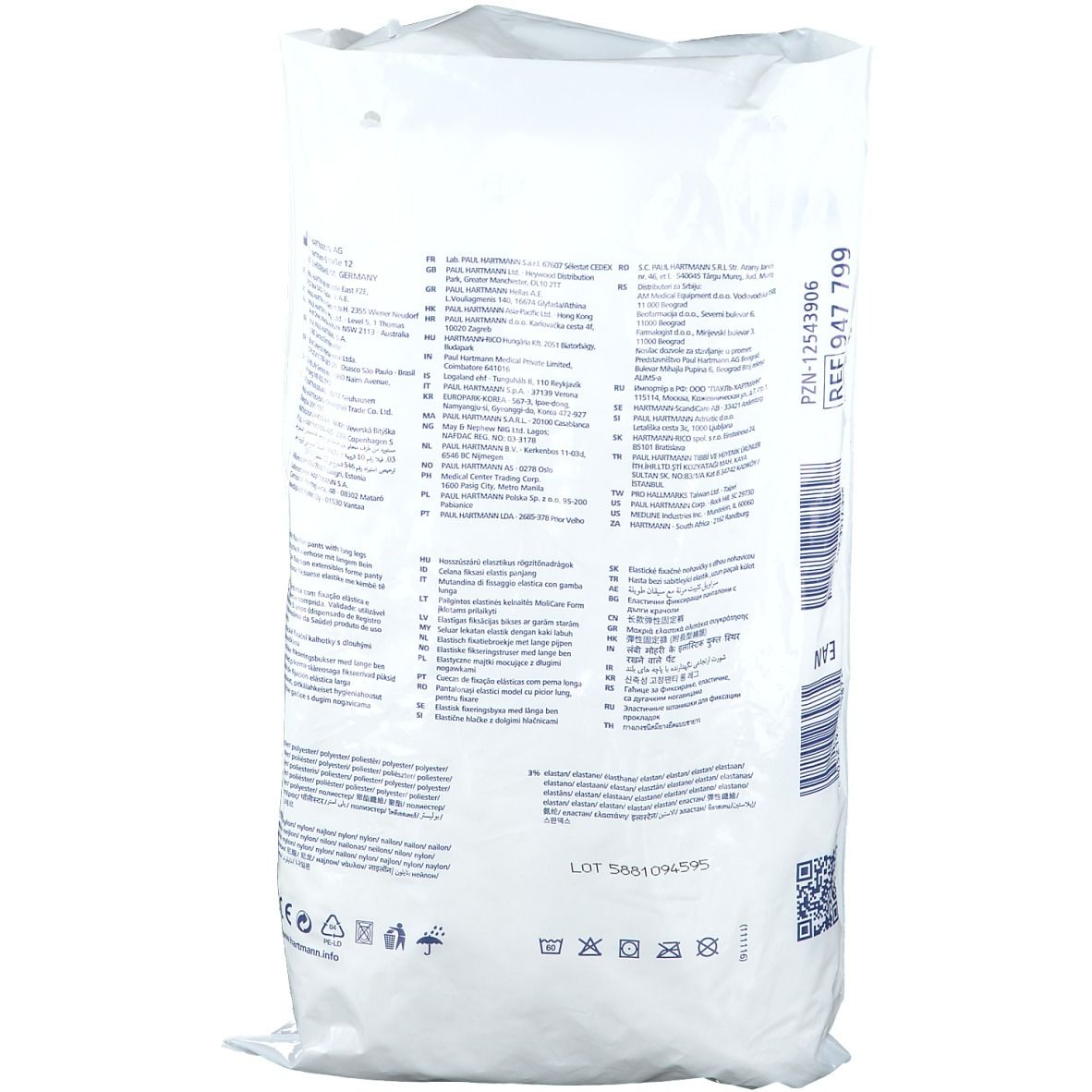 Dos du paquet MoliCare Premium Fixpants. Texte multilingue. Code produit et numéro de lot.