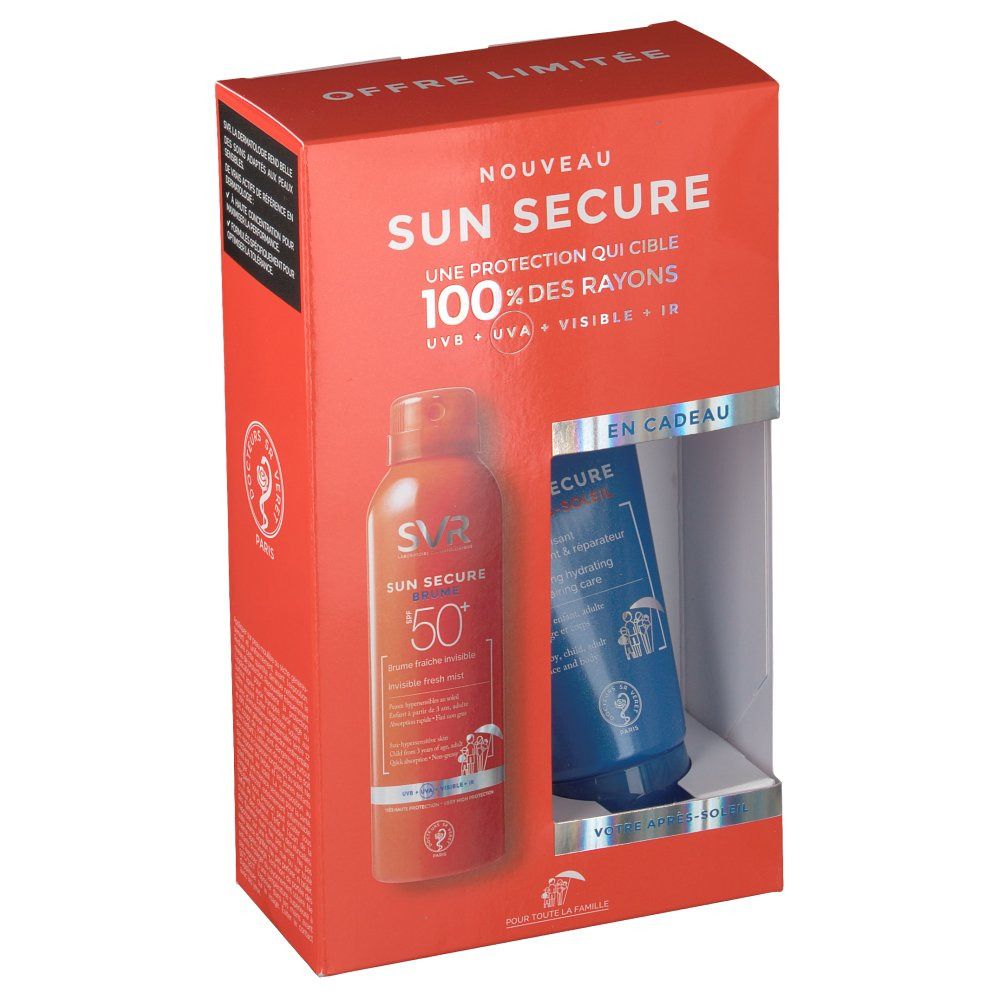 Coffret cadeau SVR Sun Secure. Boîte rouge avec brume solaire et après-soleil. Logo SVR visible.