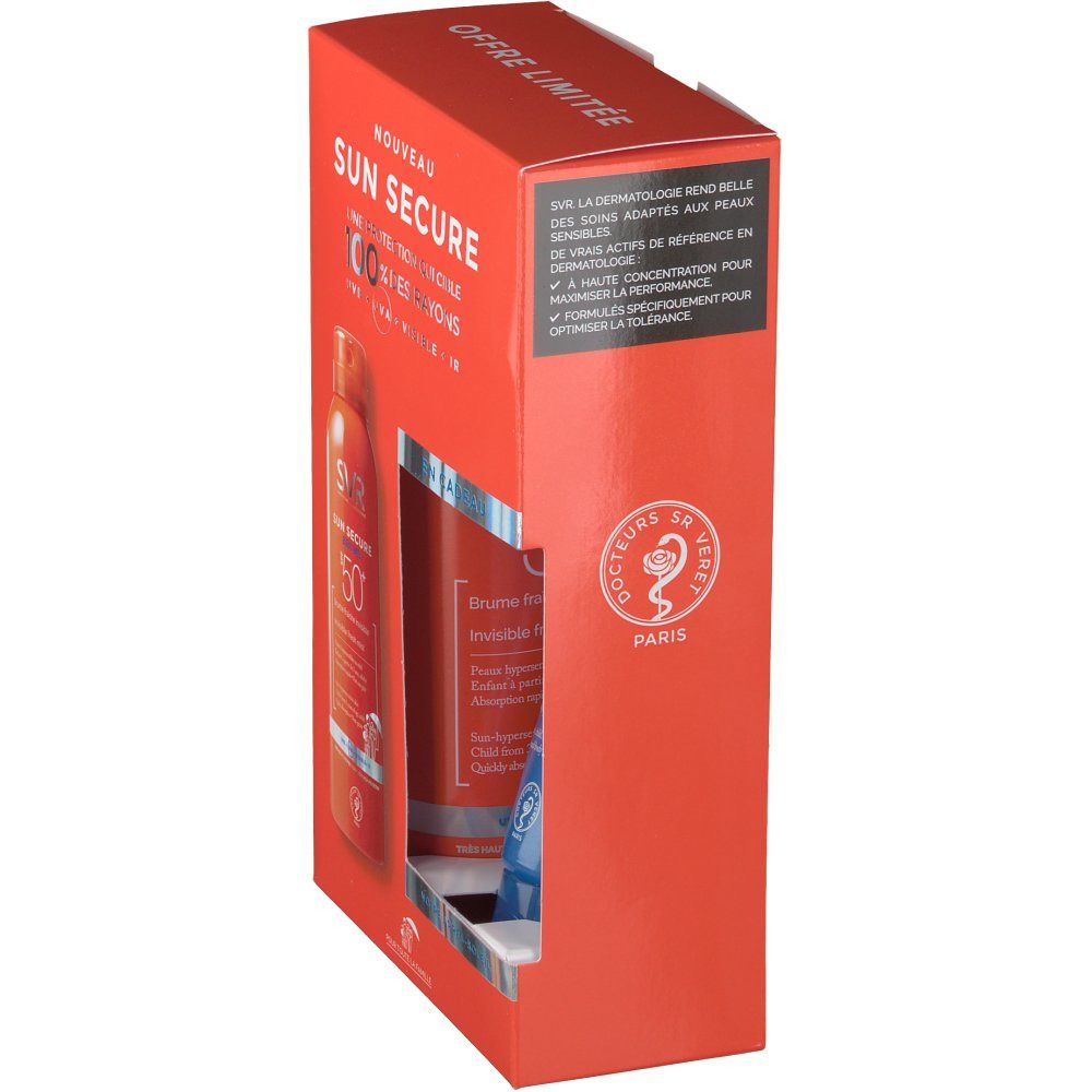 Vue latérale du coffret SVR Sun Secure. Boîte rouge avec texte et logo. Logo SVR visible.