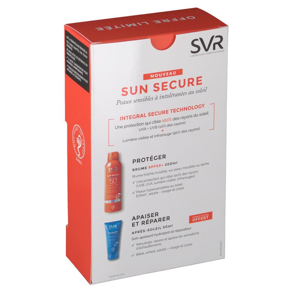Dos du coffret SVR Sun Secure. Images de produits et texte. Logo SVR visible.