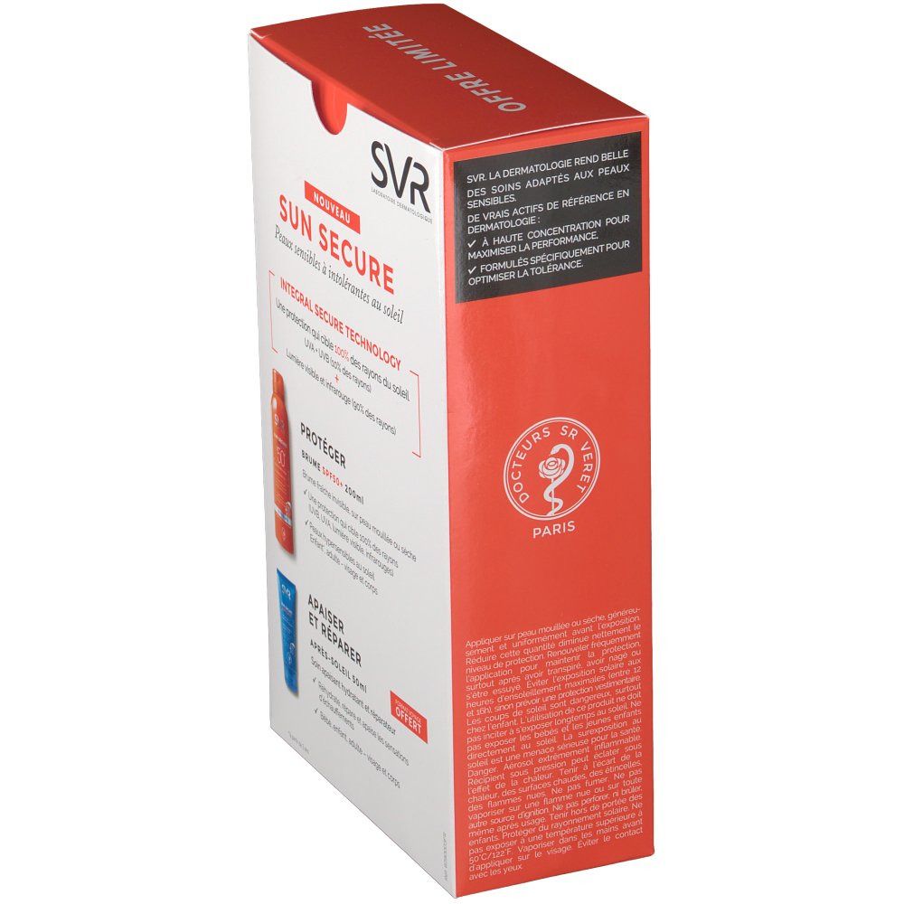 Vue latérale du coffret SVR Sun Secure. Boîte rouge avec texte et logo. Logo SVR visible.