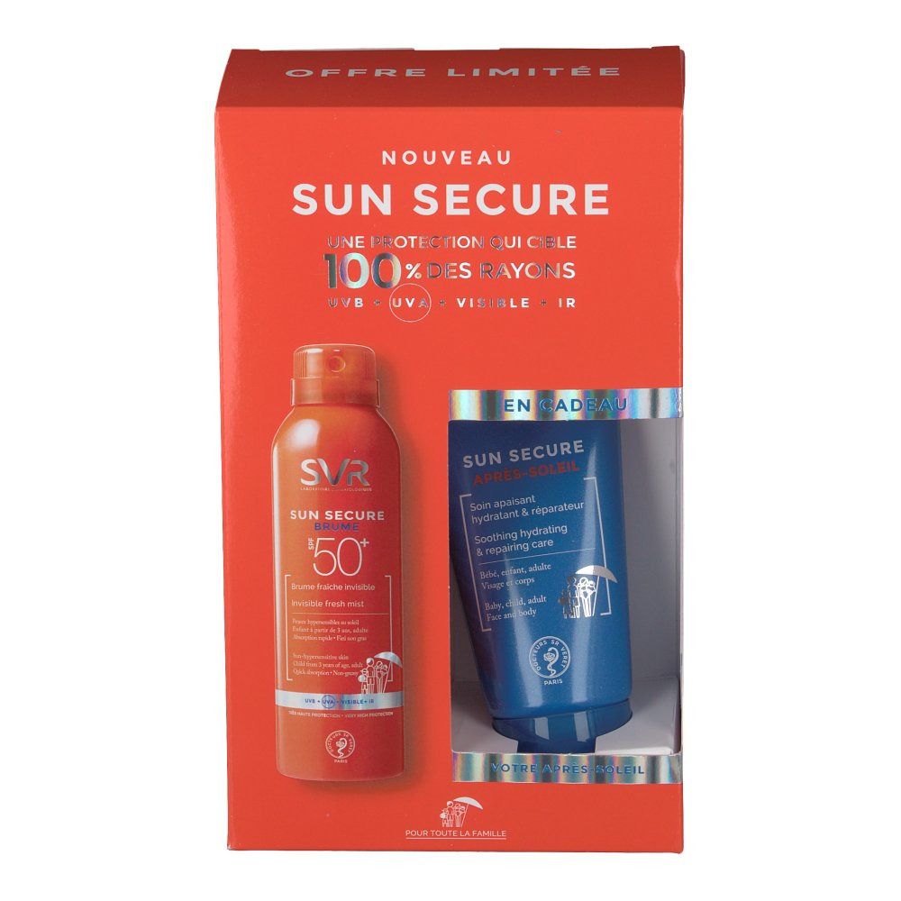 Coffret cadeau SVR Sun Secure. Boîte rouge avec brume solaire et après-soleil. Logo SVR visible.