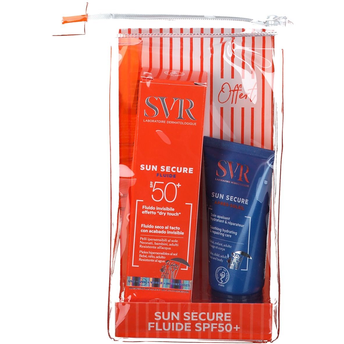 Ensemble de crème solaire et lotion après-soleil dans un sac transparent. Tubes et boîte rouges et bleus, avec nom du produit et SPF 50+.