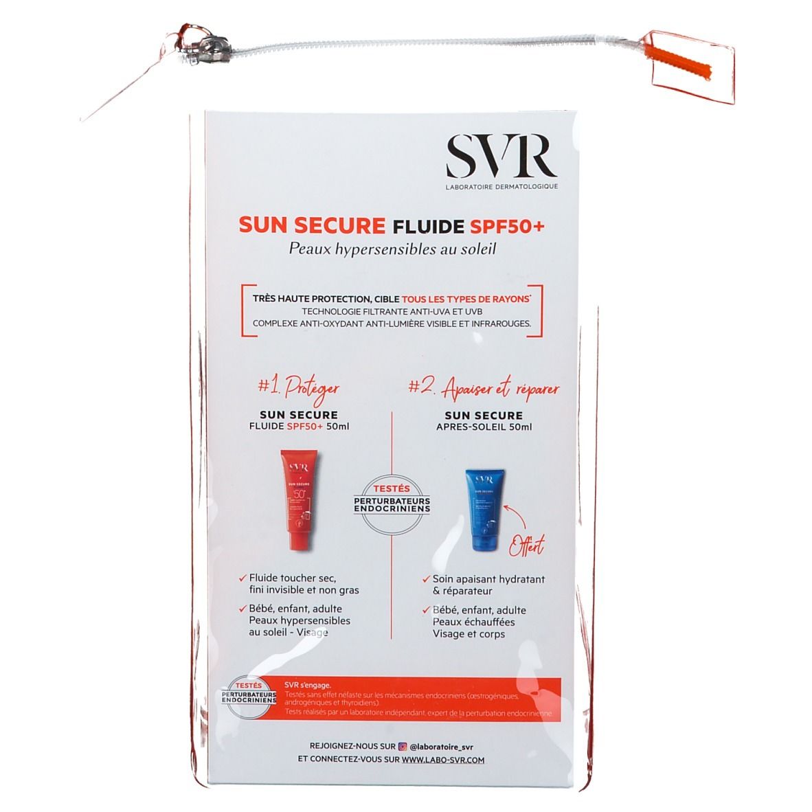 Dos de l'emballage avec illustrations des produits. Tubes rouge et bleu, texte sur la protection et la réparation. Désignations SPF 50+ et après-soleil.