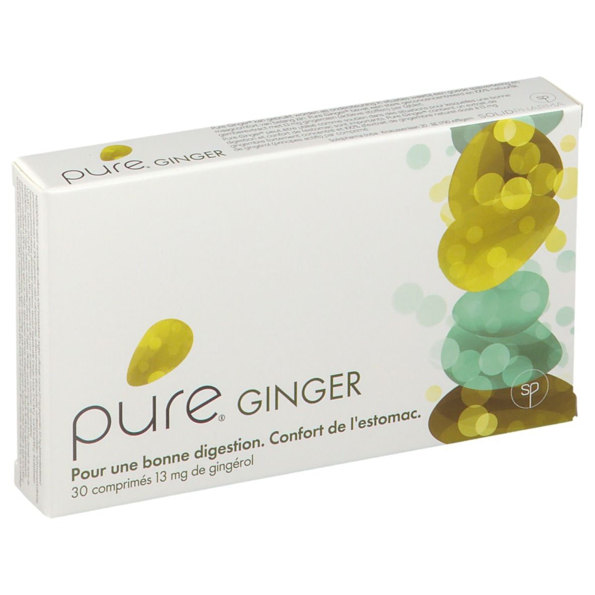 Boîte blanche "pure. GINGER". 30 comprimés, 13 mg de gingérol. Illustration de formes jaunes et vertes. Texte pour une bonne digestion.