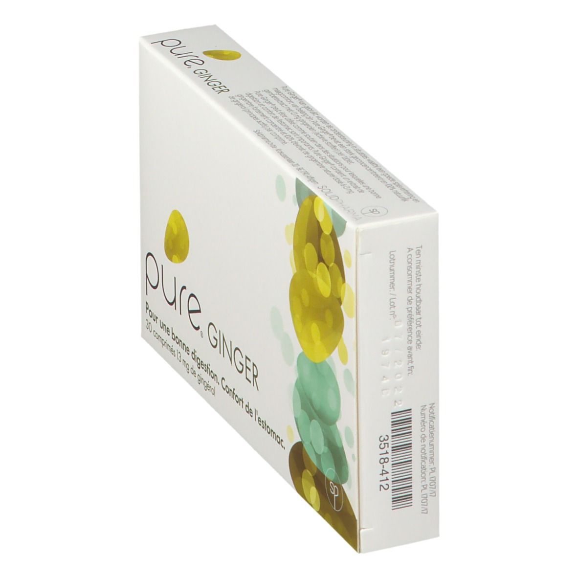 Boîte blanche "pure. GINGER" avec texte et illustration jaune-vert. 30 comprimés, 13 mg de gingérol. Vue latérale avec code-barres.