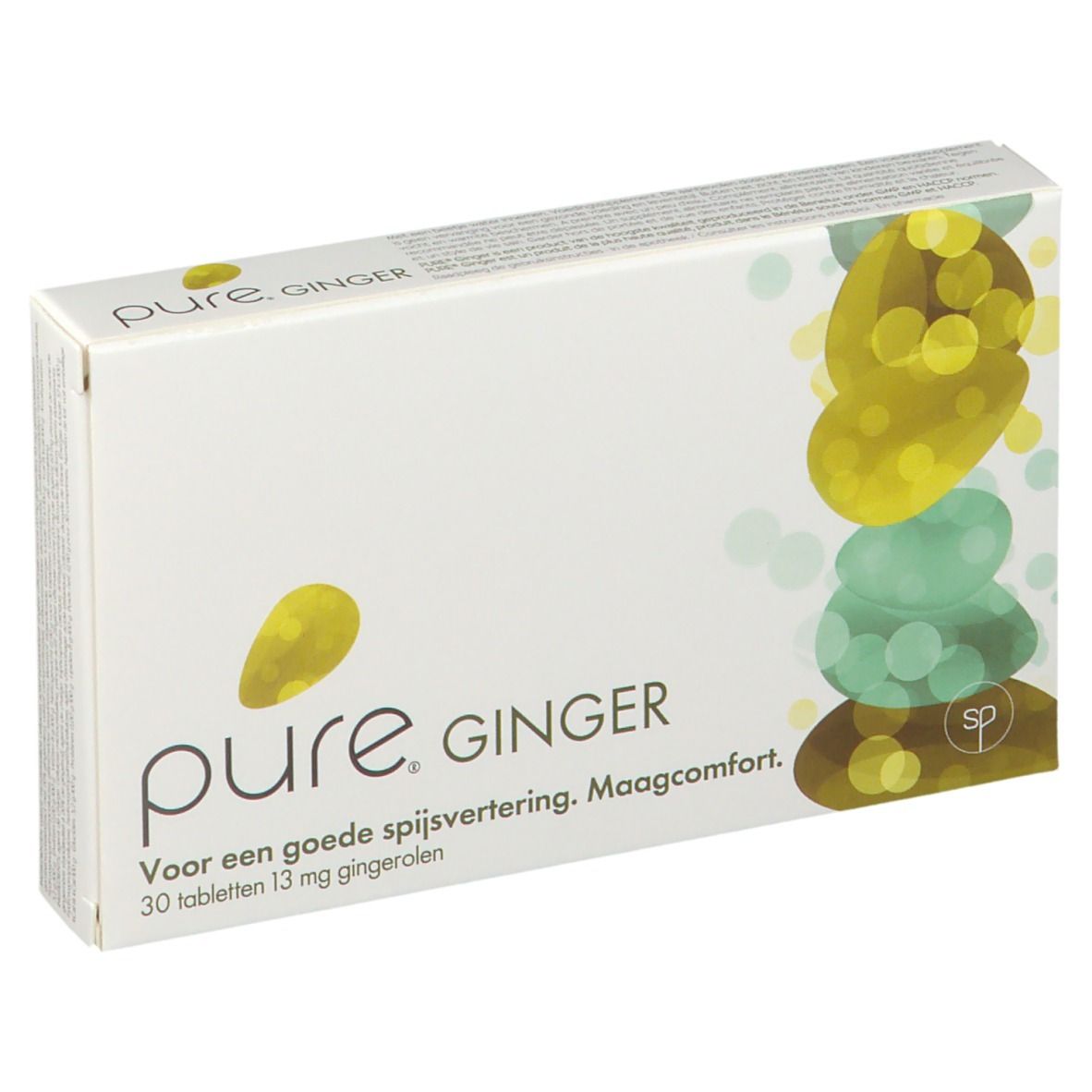 Boîte blanche "pure. GINGER" avec texte et illustration jaune-vert. 30 comprimés, 13 mg de gingérol. Vue perspective.