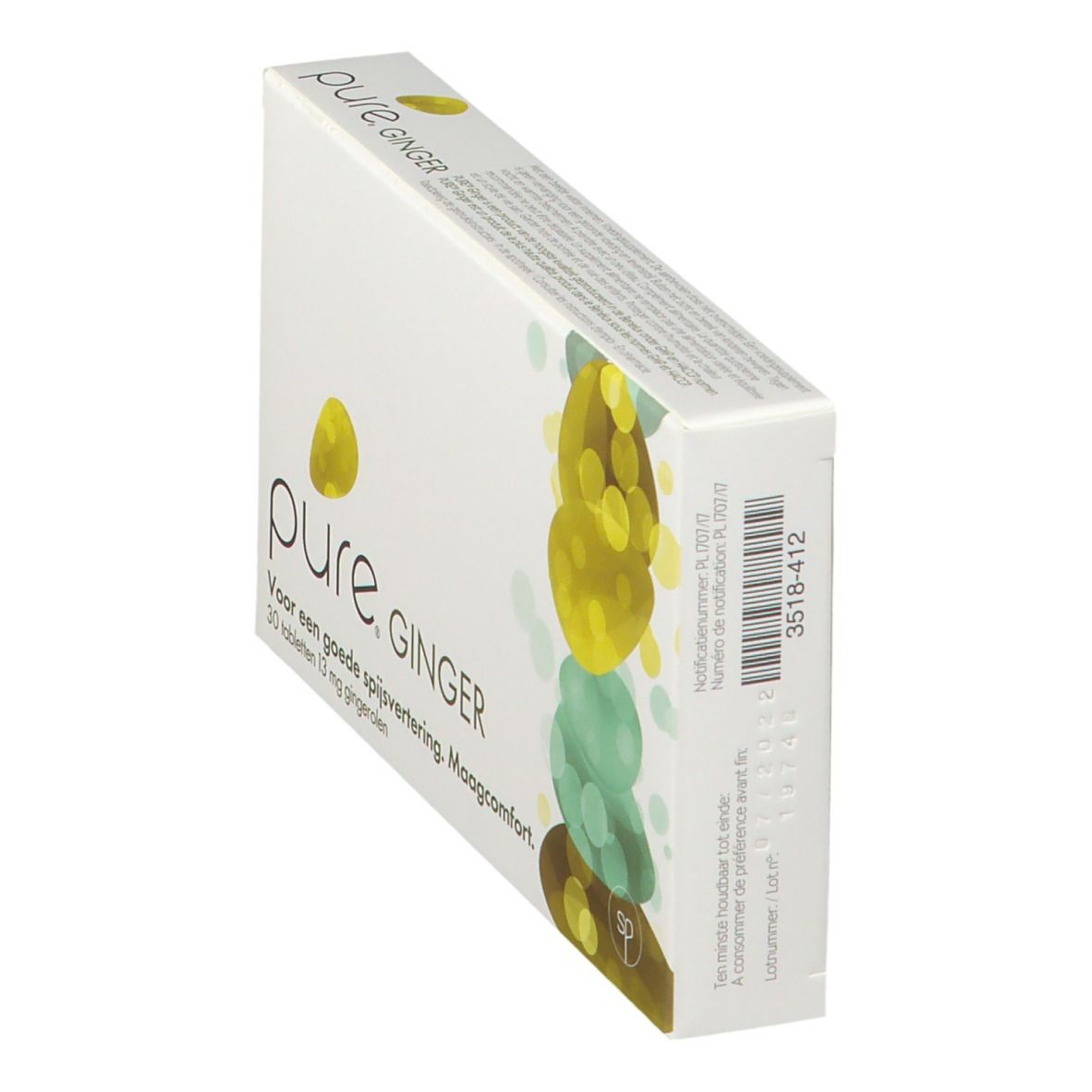 Boîte blanche "pure. GINGER" avec texte et illustration jaune-vert. 30 comprimés, 13 mg de gingérol. Vue perspective.