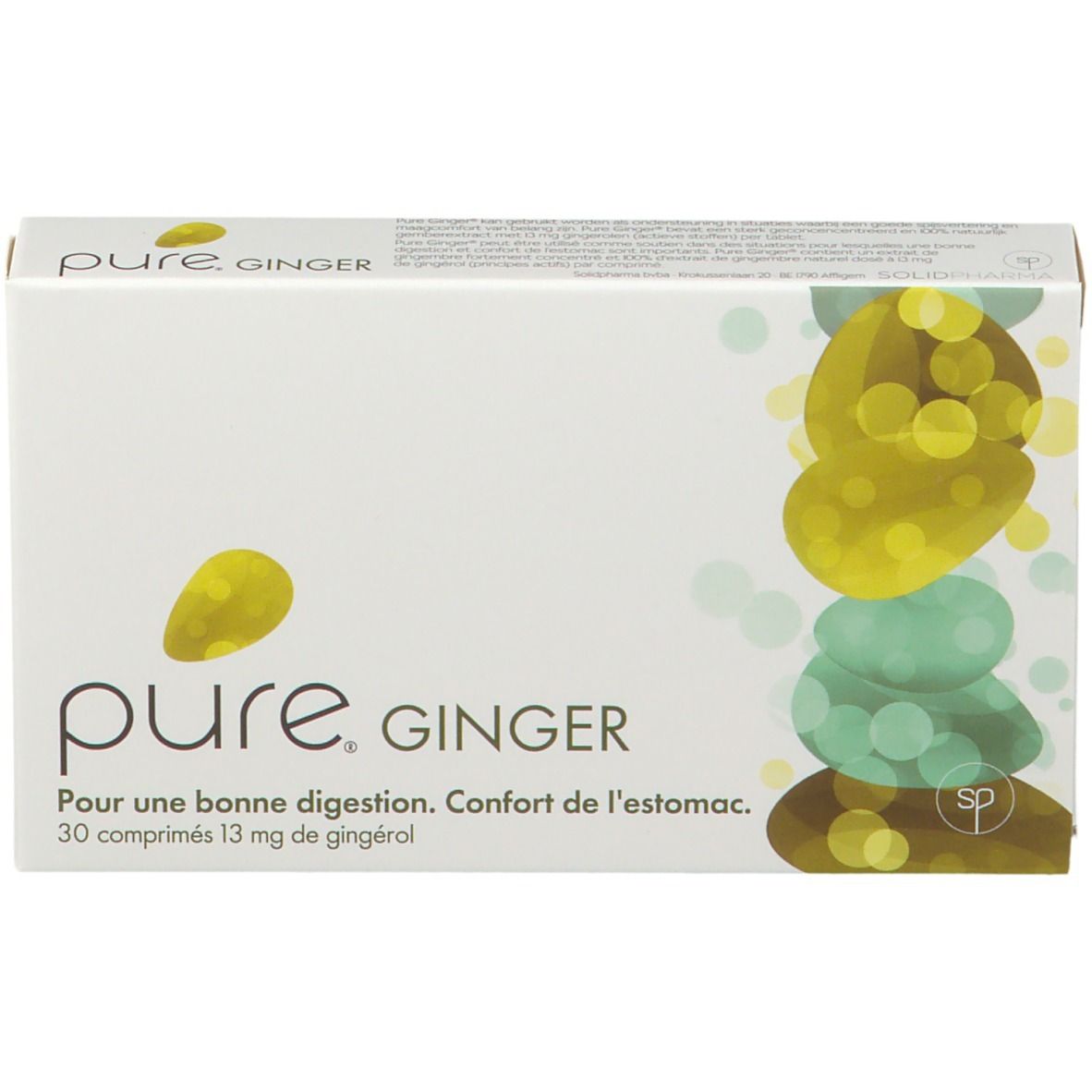Boîte blanche "pure. GINGER" avec texte et illustration jaune-vert. 30 comprimés, 13 mg de gingérol. Vue de dessus.