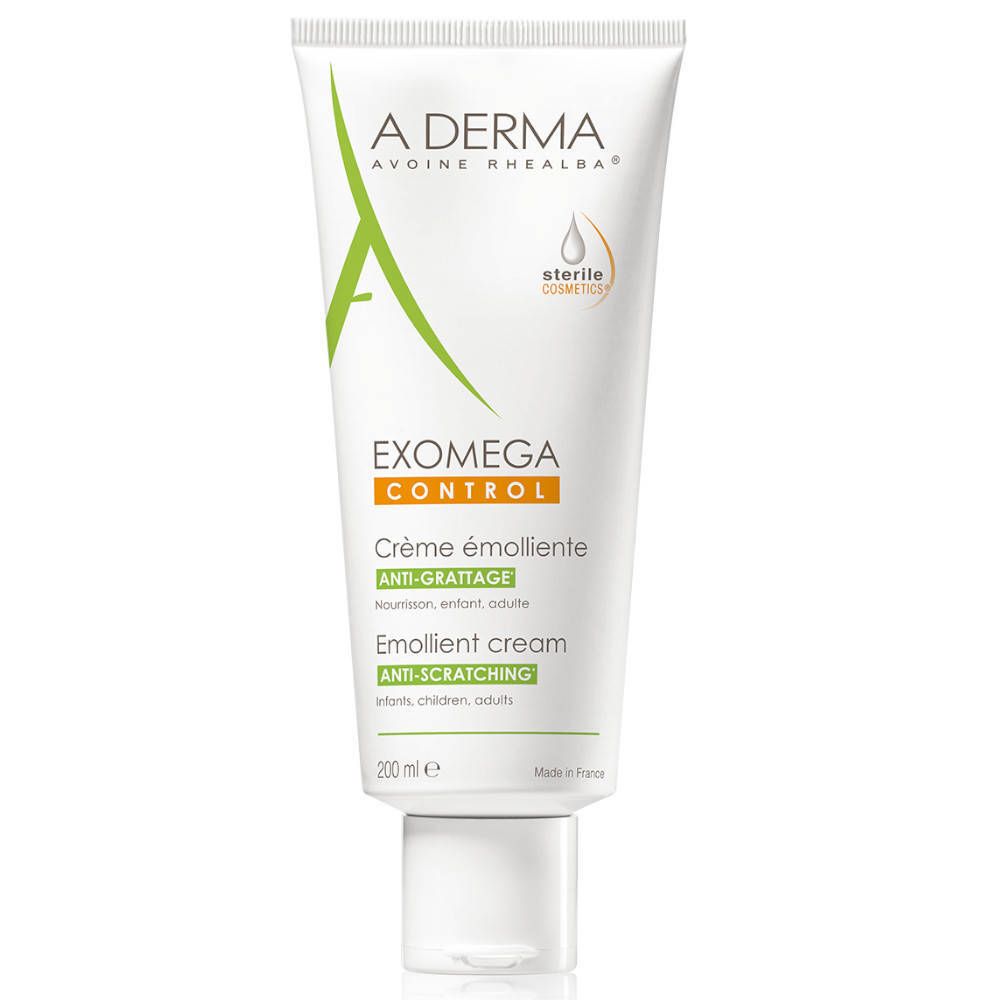 Tube de crème A-Derma EXOMEGA Control. Tube blanc avec logo vert et nom du produit. 200 ml.