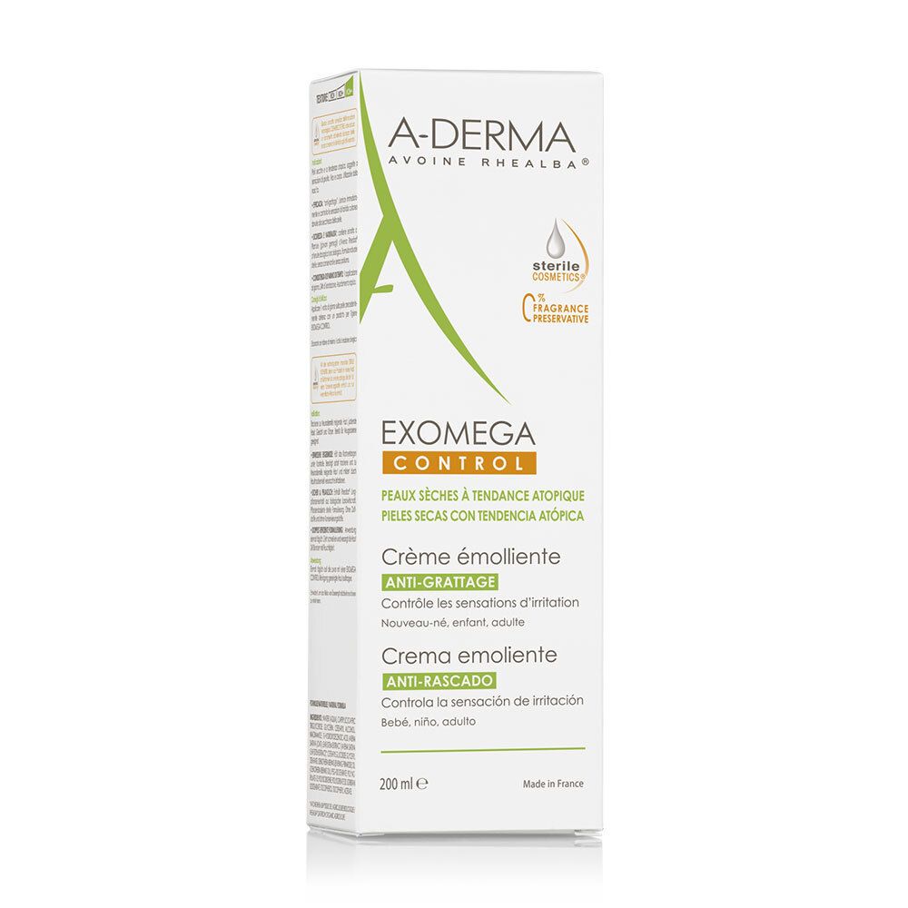 Emballage de crème A-Derma EXOMEGA Control. Boîte blanche avec logo vert et nom du produit. 200 ml.