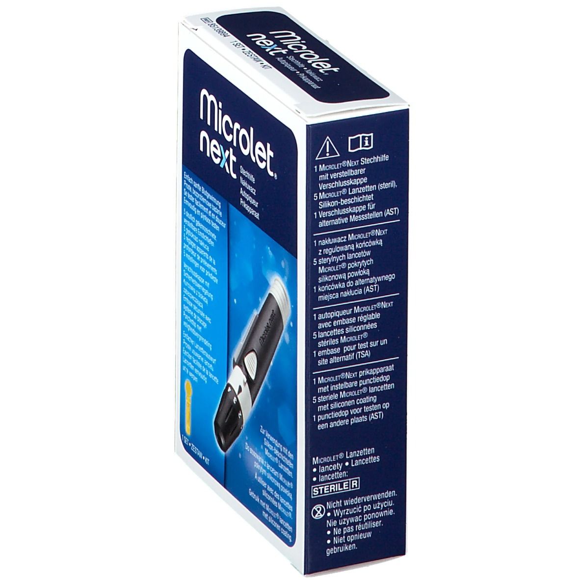 Vue latérale de la boîte Ascensia Microlet Next Kit. Montre le contenu et le nom du produit. Blanc et bleu.